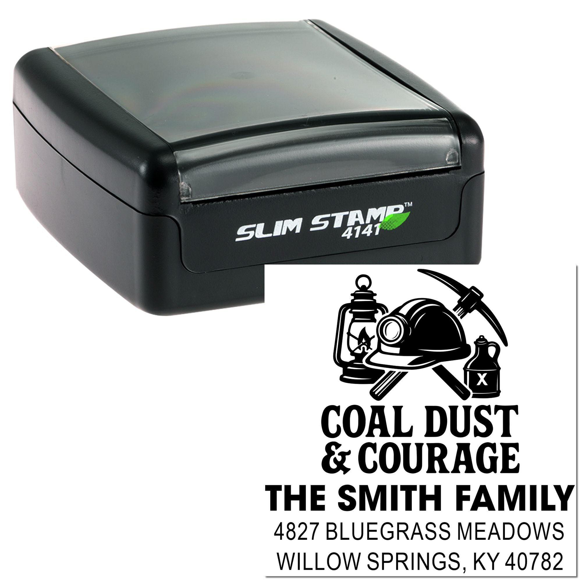 Slim Stamp 4141 self-inking rubber stamp showing custom Coal Dust & Courage return address design for coal miner family.