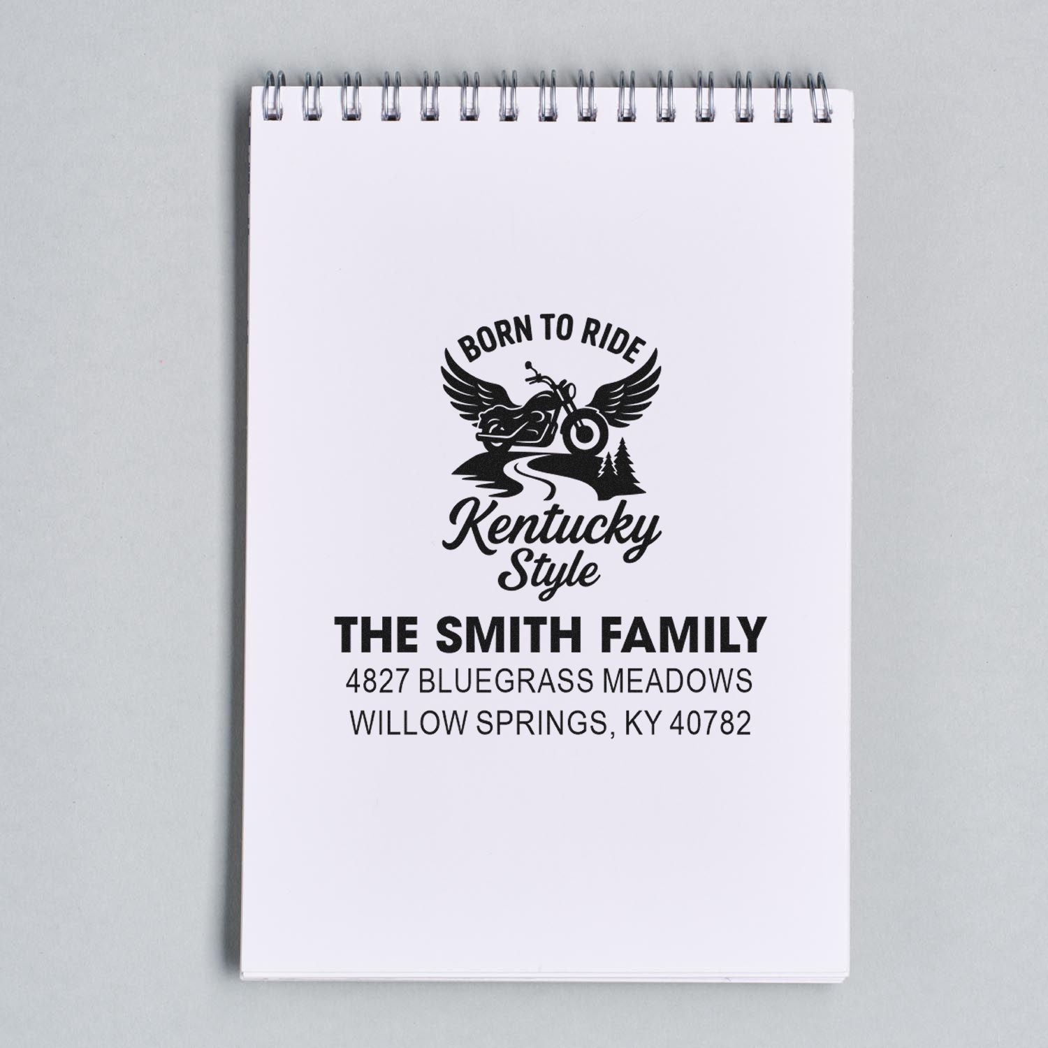 Personalized motorcycle family address rubber stamp with Born to Ride Kentucky Style for The Smith Family in Willow Springs, KY.