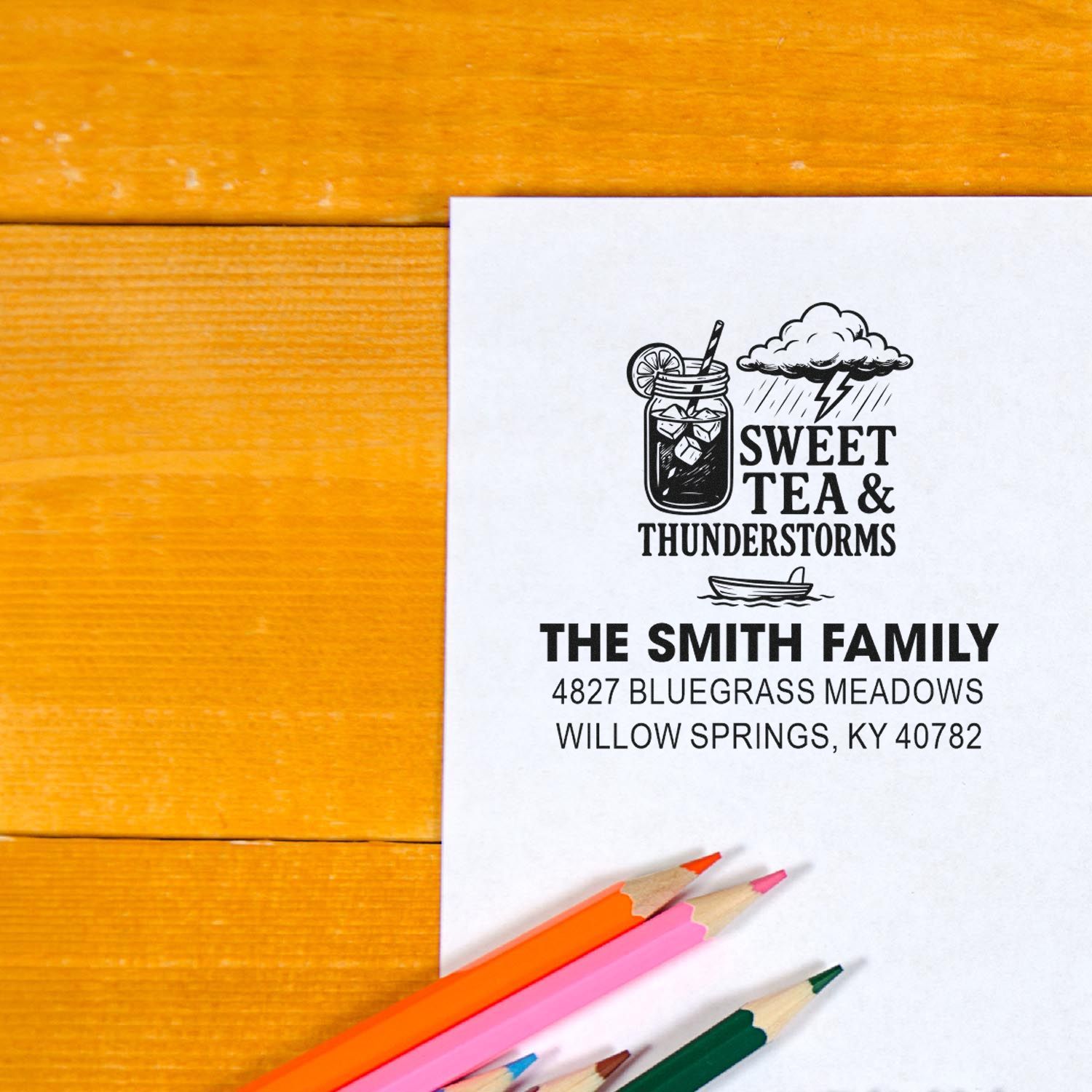 Personalized return address rubber stamp with Sweet Tea & Thunderstorms design for The Smith Family address labels