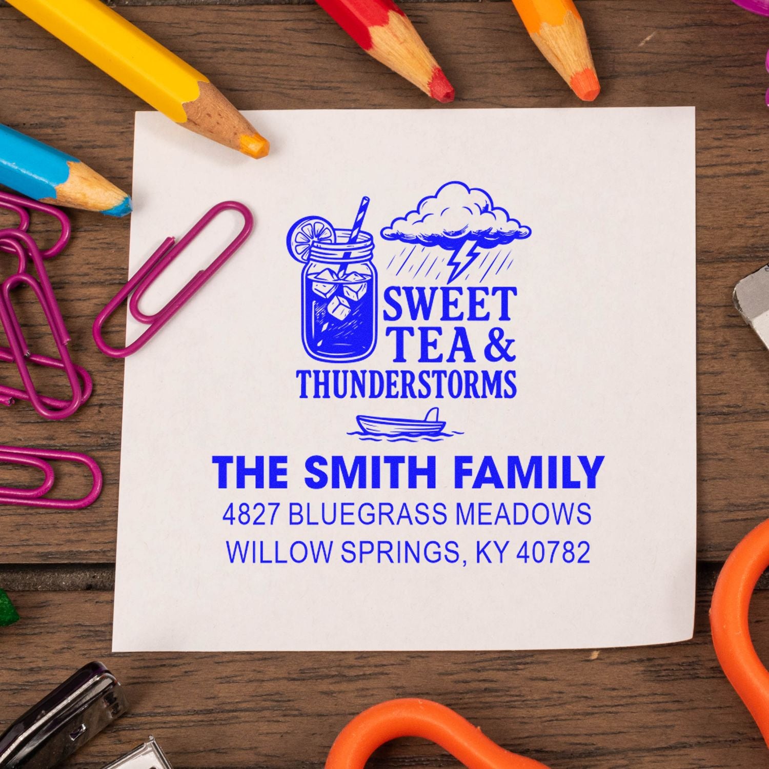 Custom address rubber stamp design for The Smith Family with Sweet Tea & Thunderstorms graphic on a paper card.