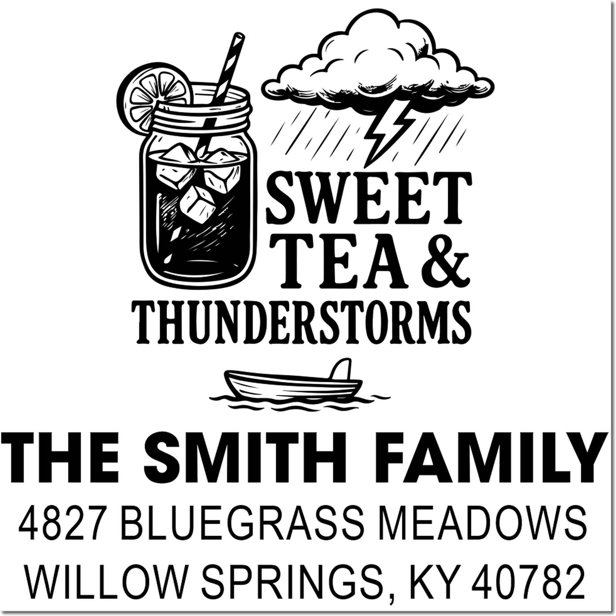 Personalized family address rubber stamp featuring Sweet Tea & Thunderstorms design, The Smith Family, and Willow Springs, KY.