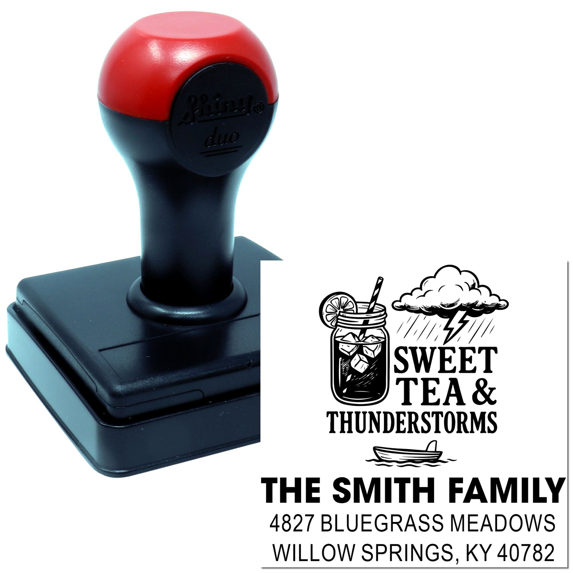 Custom self-inking rubber stamp with family return address and Sweet Tea & Thunderstorms design for personalized mail.