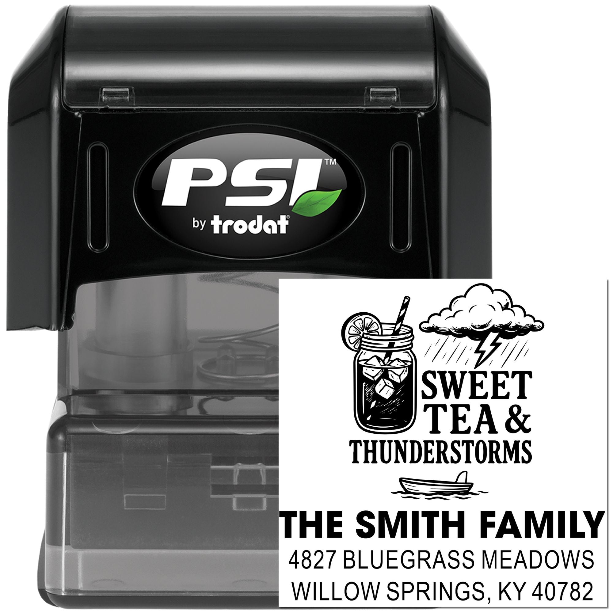 Custom self-inking rubber stamp with Sweet Tea & Thunderstorms address design for The Smith Family from PSI by Trodat