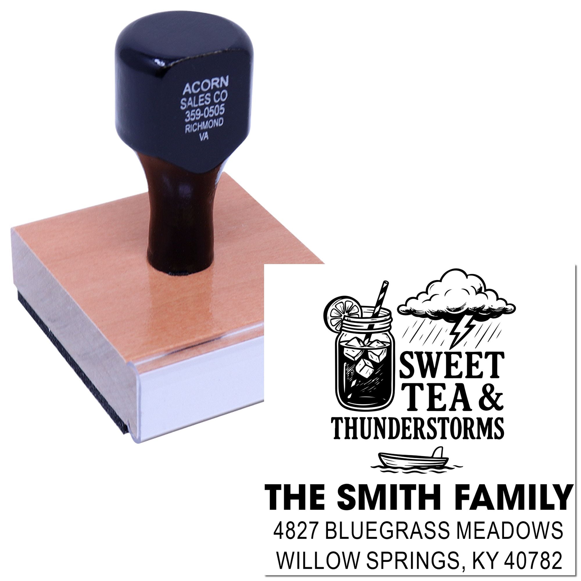Custom rubber stamp showing personalized address, logo, and family return-address imprint examples.