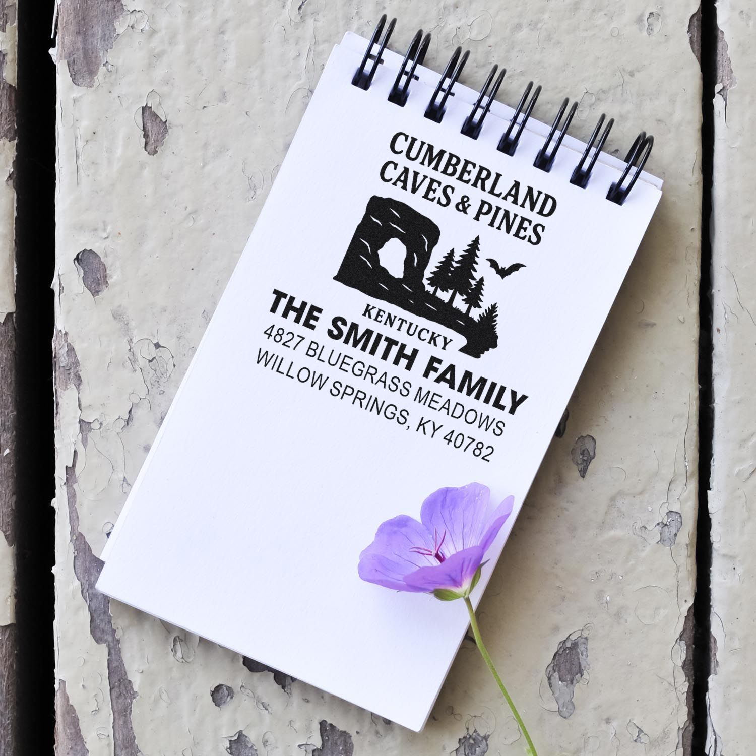 Personalized return address rubber stamp for The Smith Family, featuring Cumberland Caves & Pines and Kentucky address.