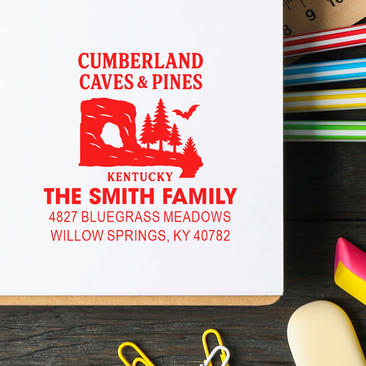 Custom family address rubber stamp for The Smith Family, Cumberland Caves & Pines, Kentucky, with personalized return address design.