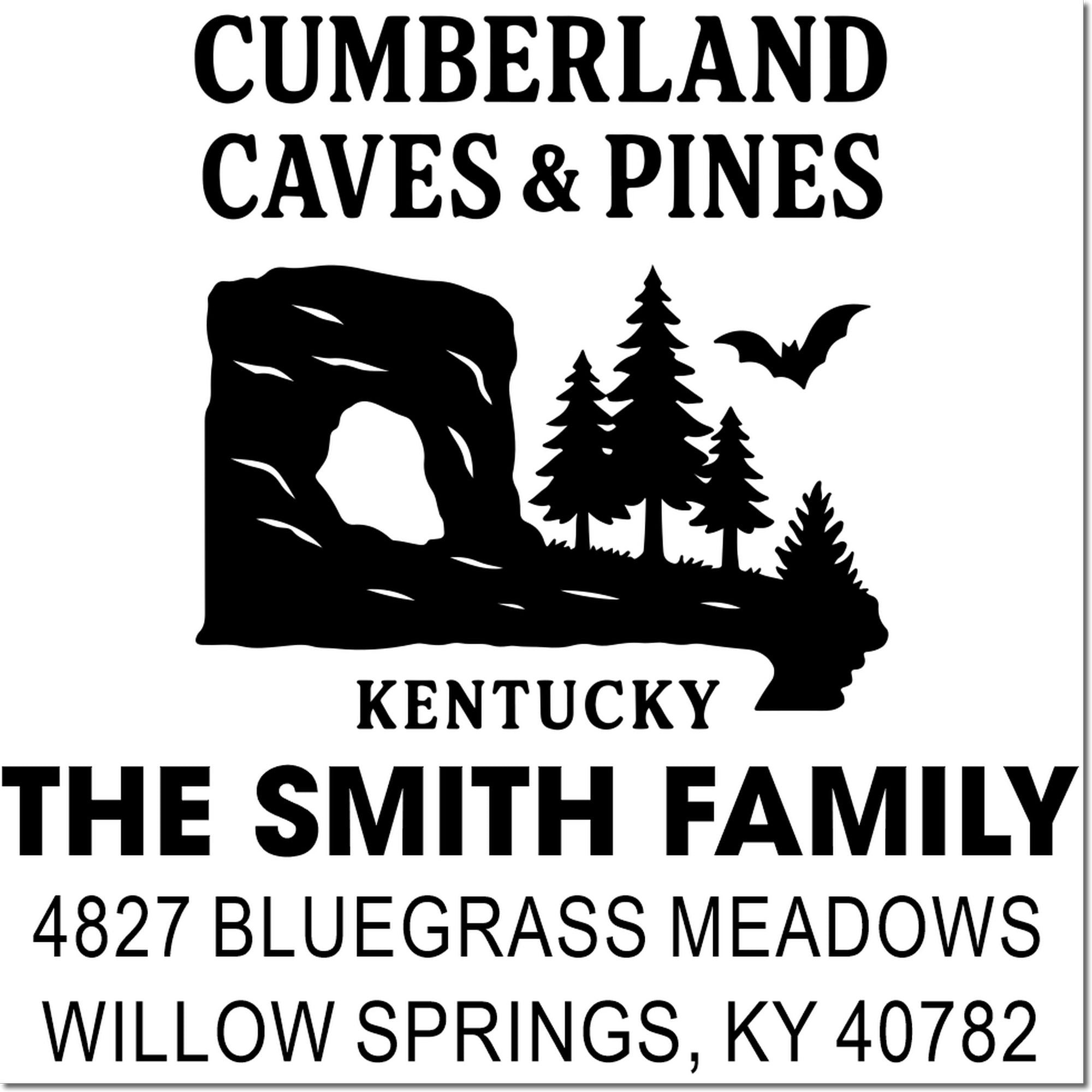 Custom rubber stamp design for The Smith Family, Kentucky address stamp with Cumberland Caves & Pines motif and Willow Springs, KY 40782.