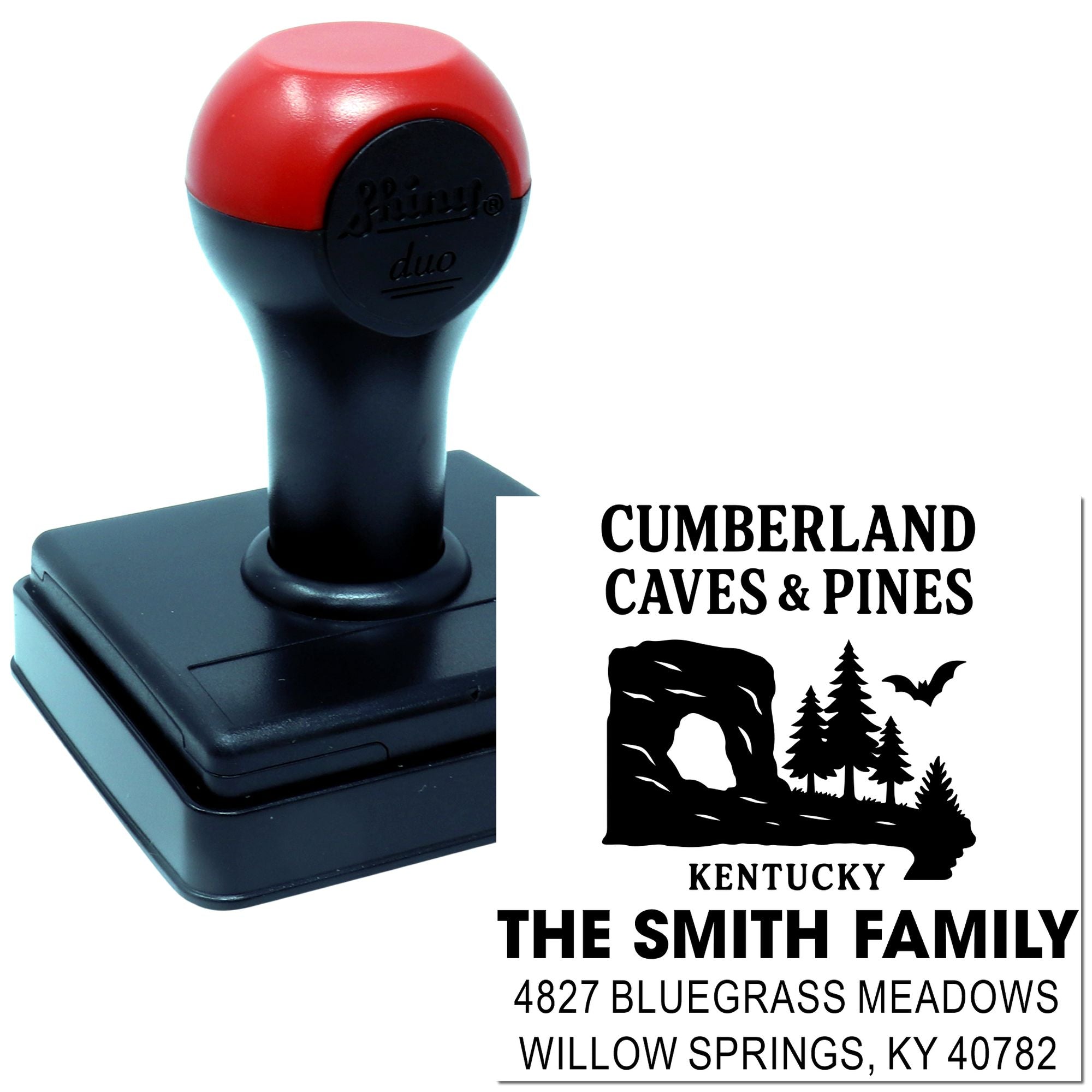 Custom self-inking rubber address stamp for The Smith Family, Cumberland Caves & Pines, Kentucky, with scenic logo imprint.