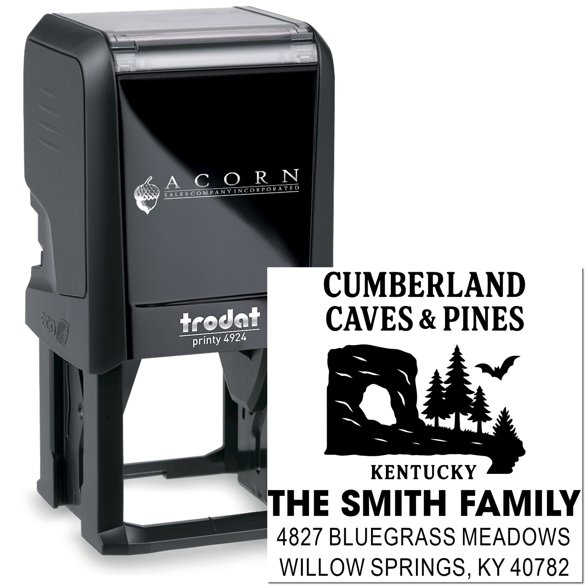 Custom self-inking rubber stamp for Kentucky family address imprint, featuring Cumberland Caves & Pines design and logo.