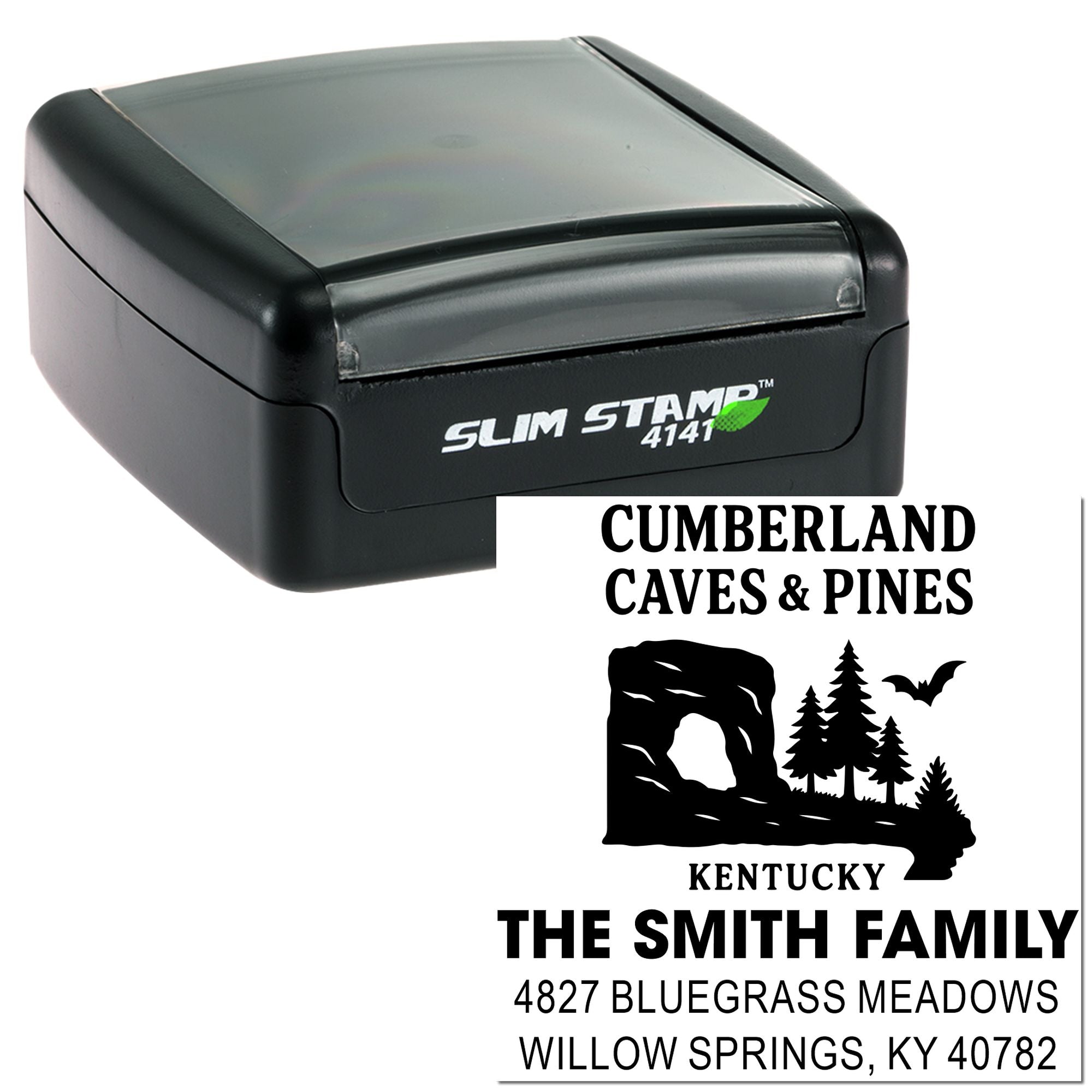 Custom address self-inking rubber stamp with Kentucky family design, Cumberland Caves & Pines artwork, Slim Stamp 4141.