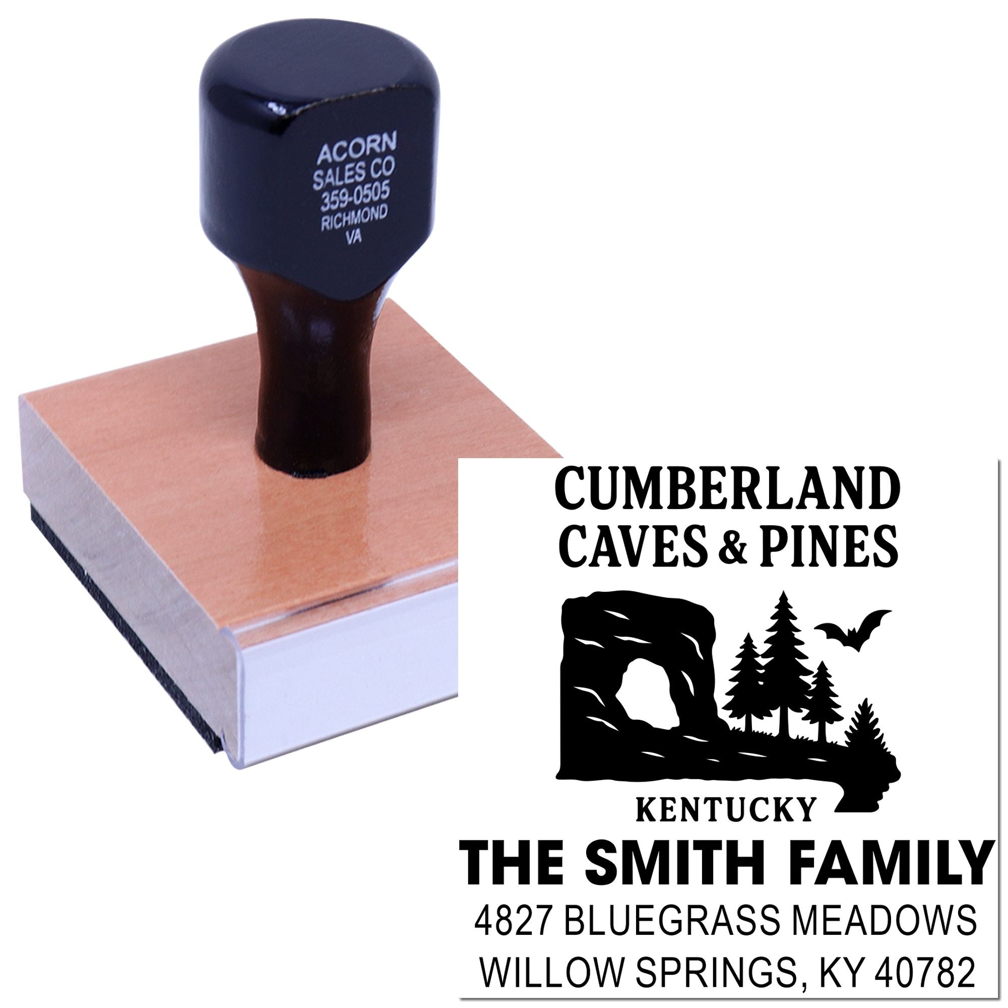 Wood-mounted custom rubber address stamp for Cumberland Caves & Pines, Kentucky, featuring The Smith Family logo.