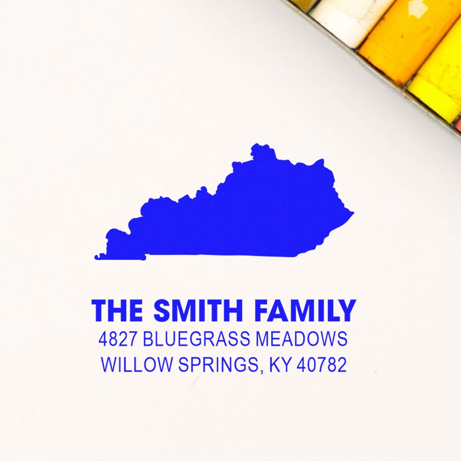 Custom return address rubber stamp with Kentucky silhouette for The Smith Family, Willow Springs, KY 40782