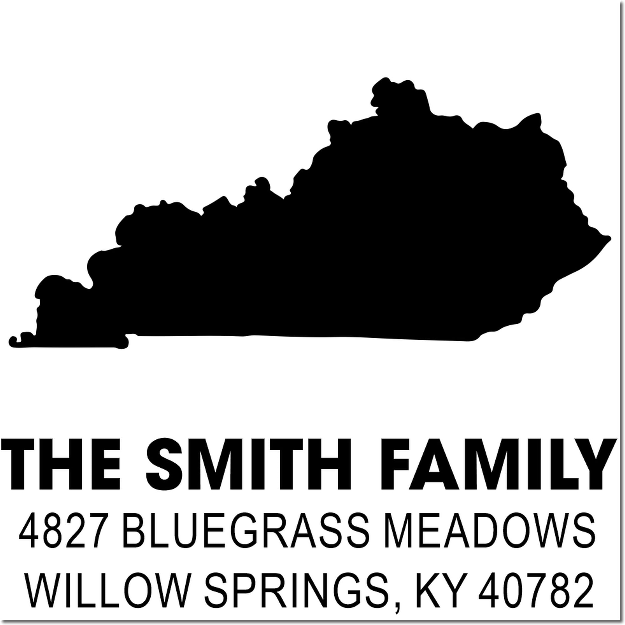 Custom Kentucky state address rubber stamp for The Smith Family, 4827 Bluegrass Meadows, Willow Springs, KY 40782.