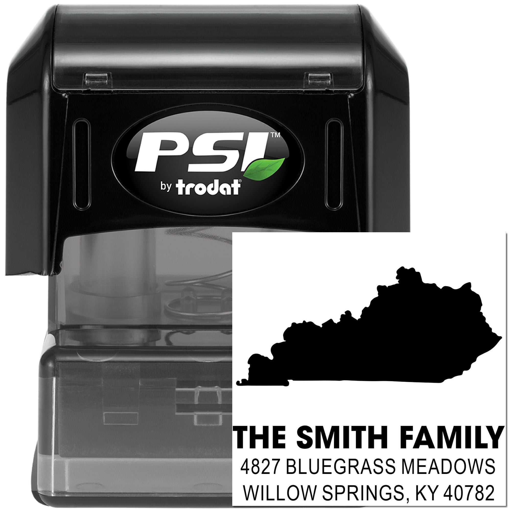 Custom address rubber stamp with Kentucky state outline, family name, and return address, PSI by trodat