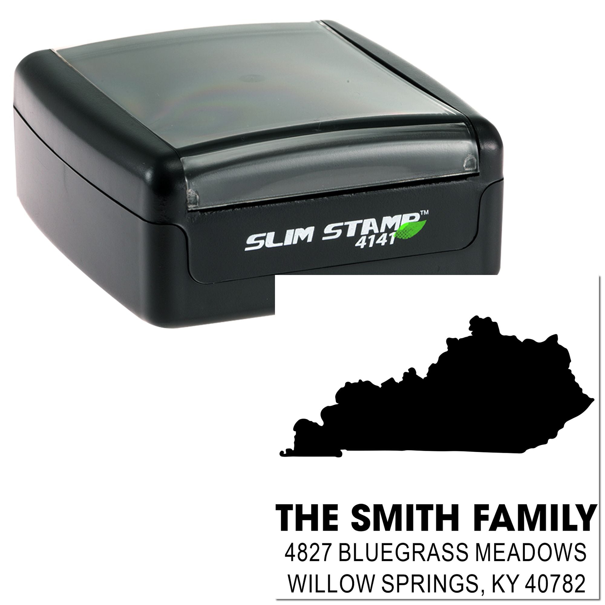 Slim Stamp 4141 self-inking rubber address stamp with Kentucky state outline and custom Smith family return address.