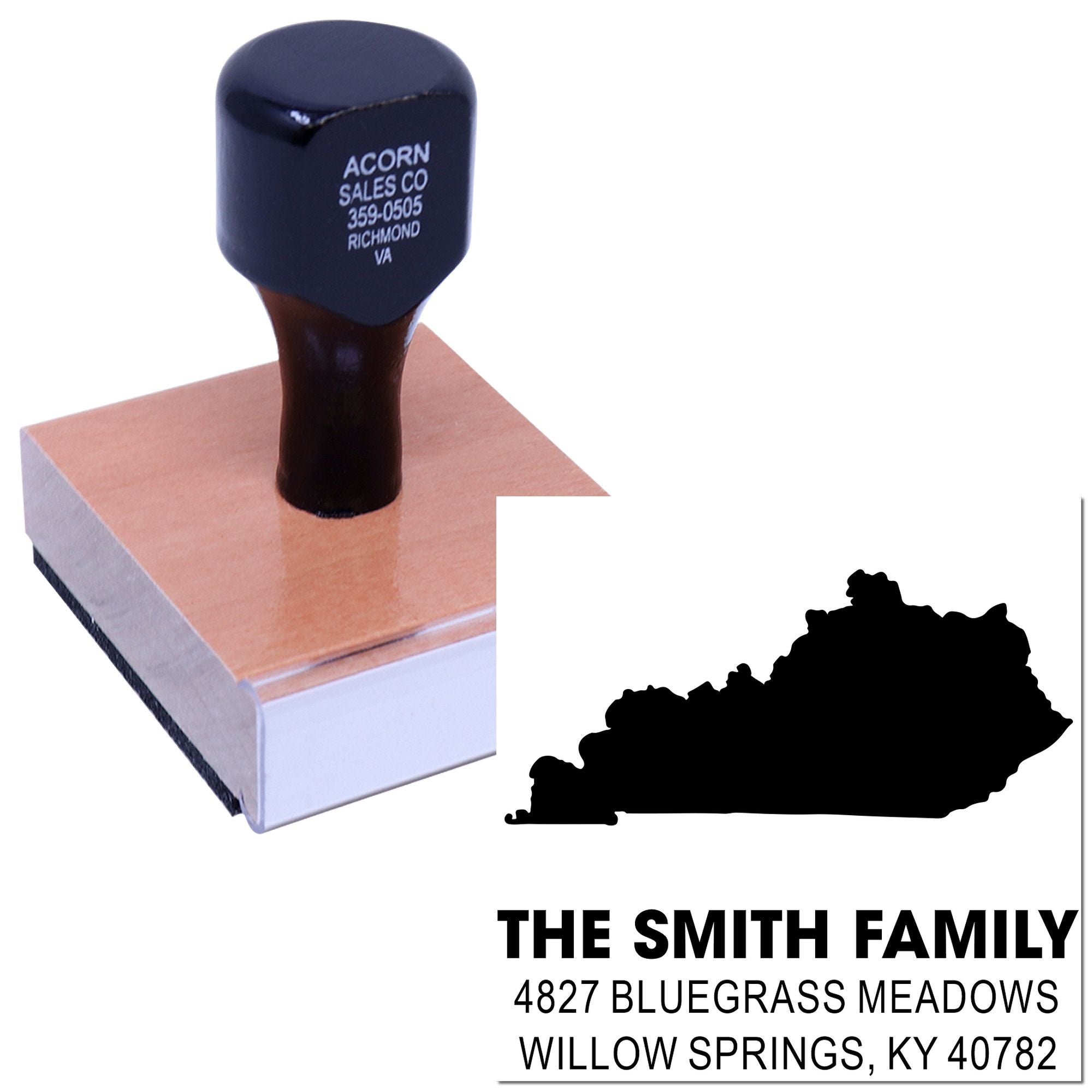 Custom Kentucky return address rubber stamp featuring The Smith Family address and state silhouette for personalized mailing.