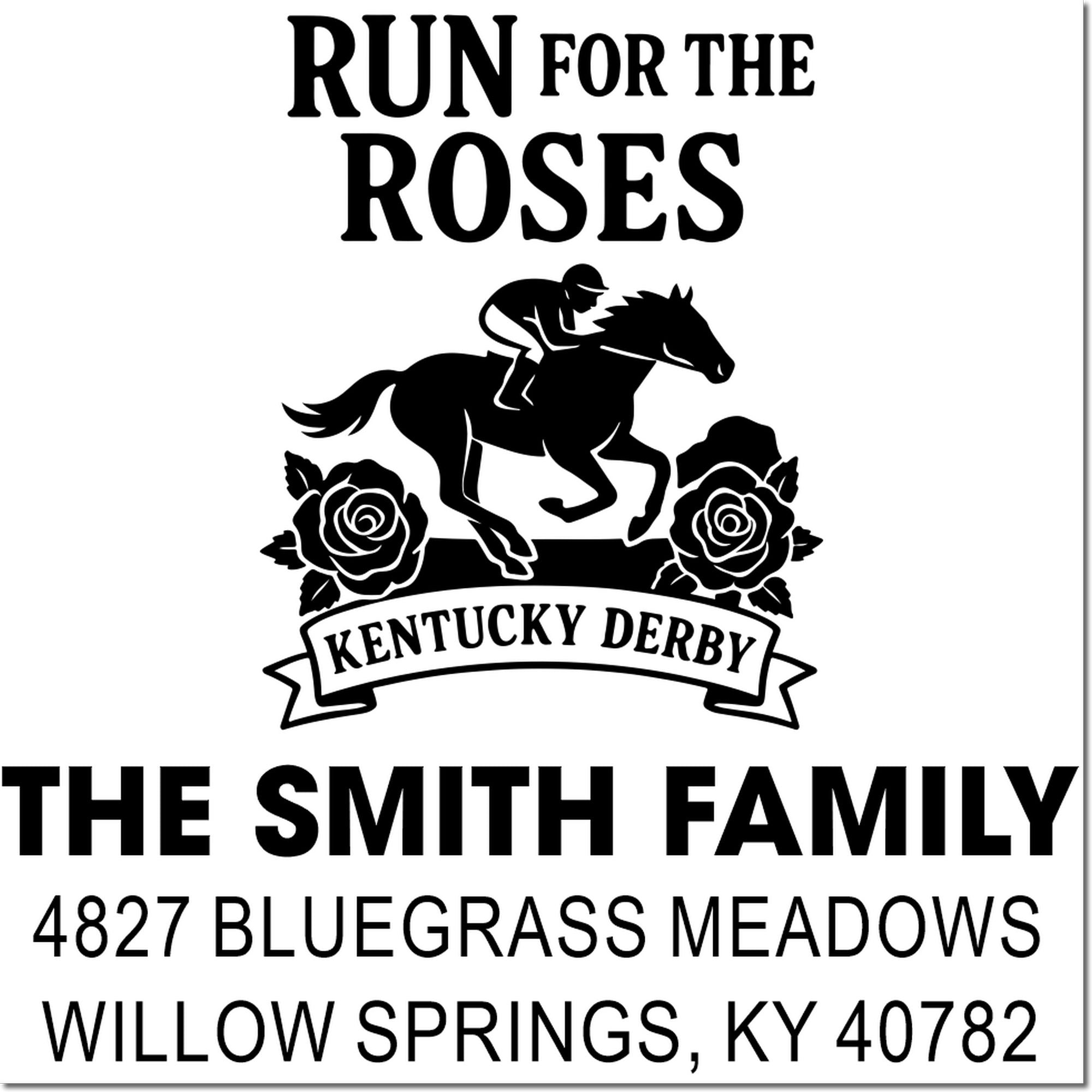 Personalized Kentucky Derby rubber stamp with horse and roses, Run for the Roses, Smith family name, and address.