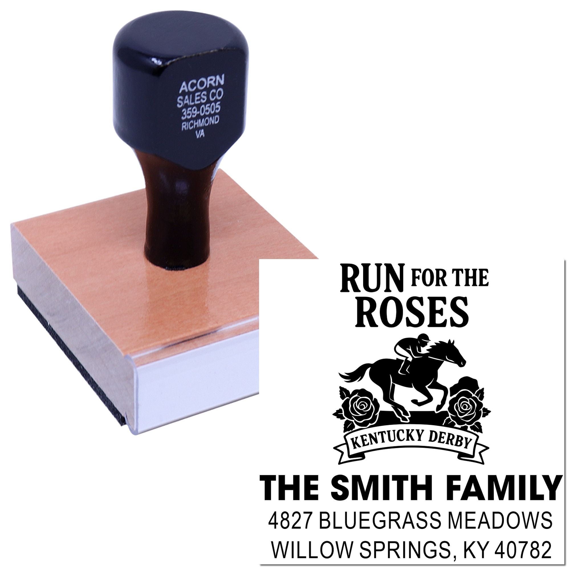 Personalized rubber stamp featuring Kentucky Derby Run for the Roses design and custom family address.