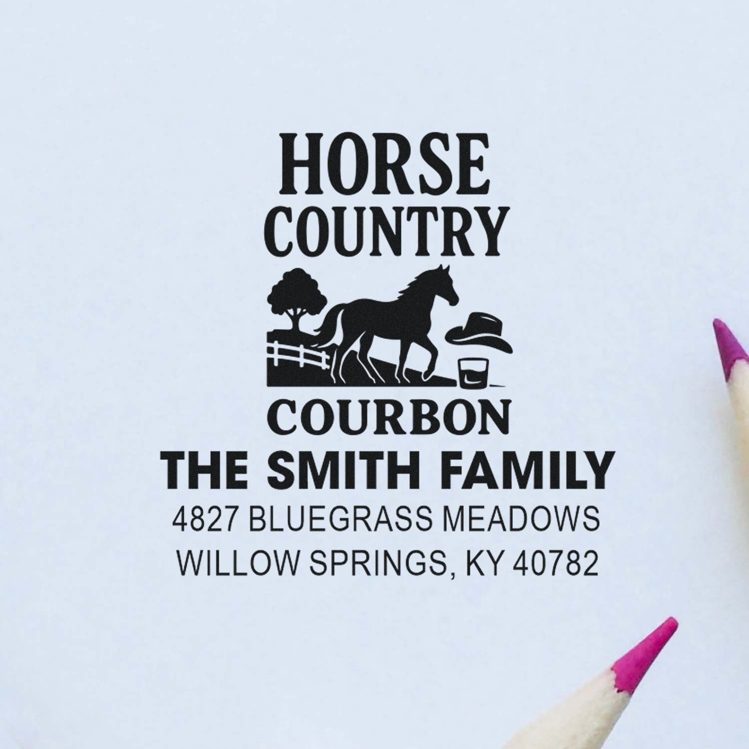 Custom Horse Country rubber address stamp for The Smith Family, featuring horse silhouette and Willow Springs, KY return address.
