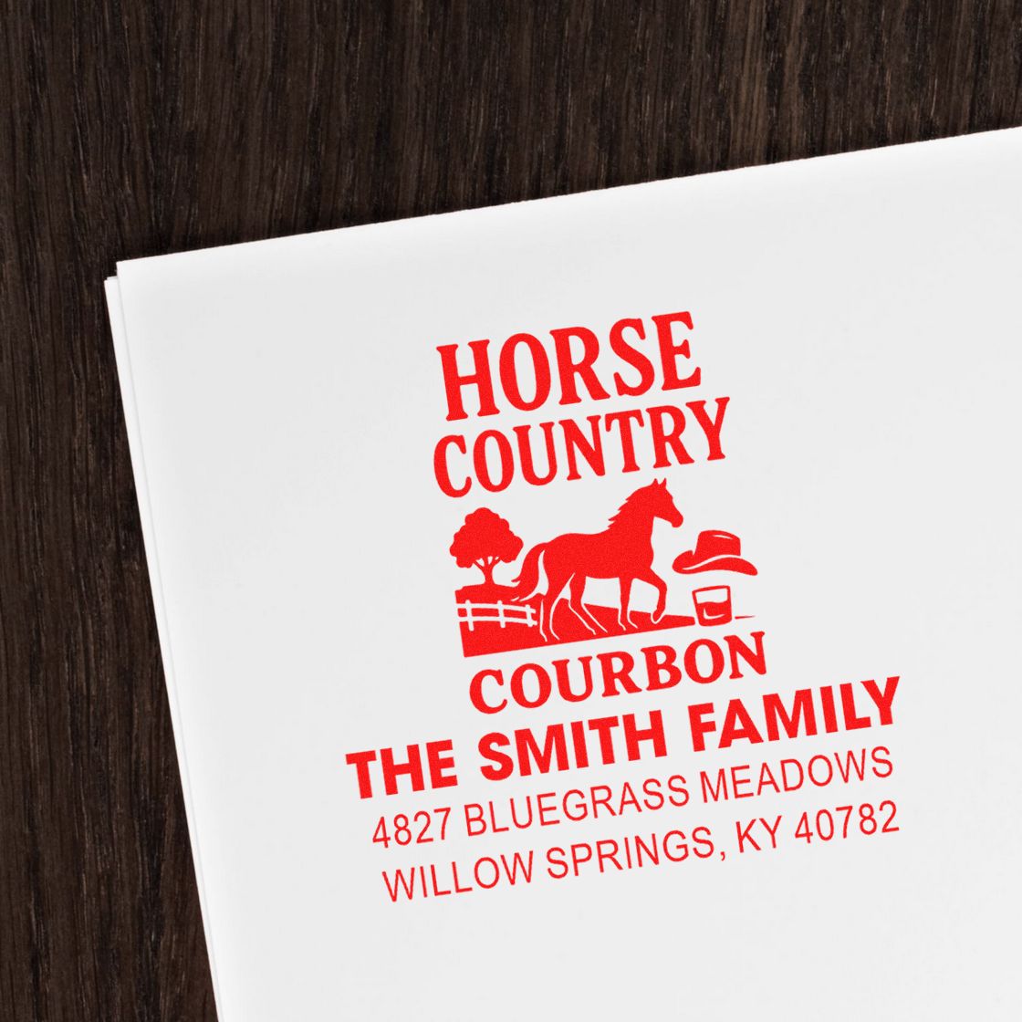 Custom horse country family address rubber stamp imprint with horse graphic and Willow Springs, KY return address.