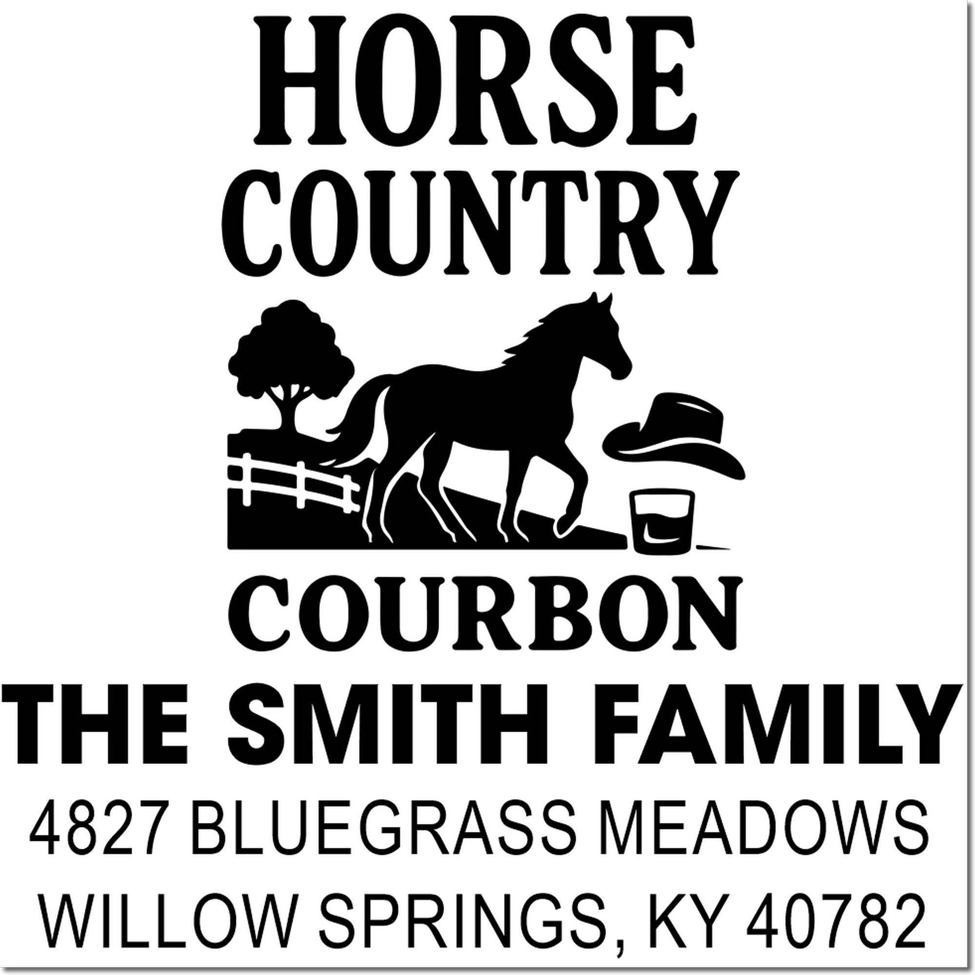 Custom horse country address rubber stamp for The Smith Family, Willow Springs, KY 40782 with horse, fence and farmhouse icon