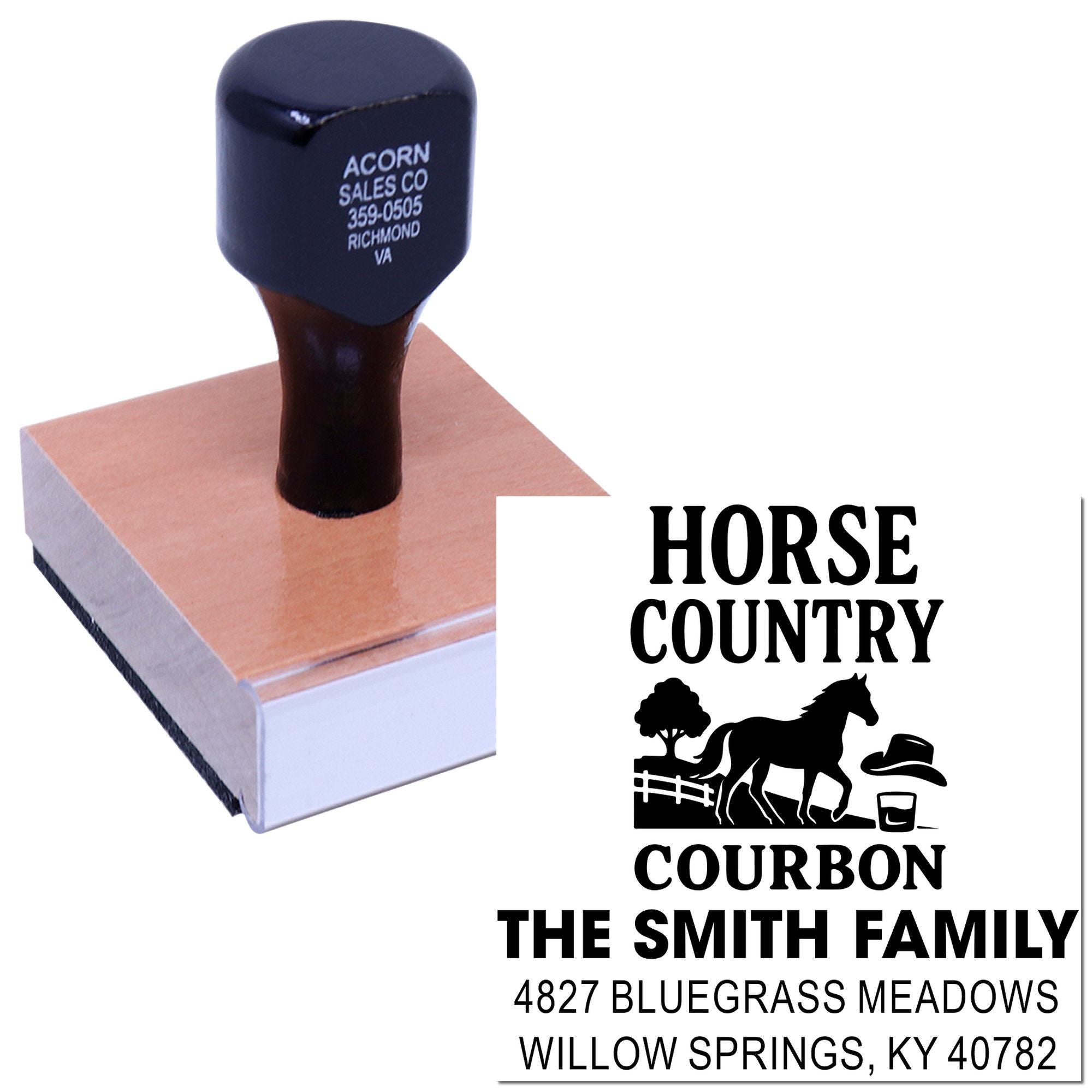 Custom equestrian address rubber stamp for horse lovers, featuring horse country farm design and family name