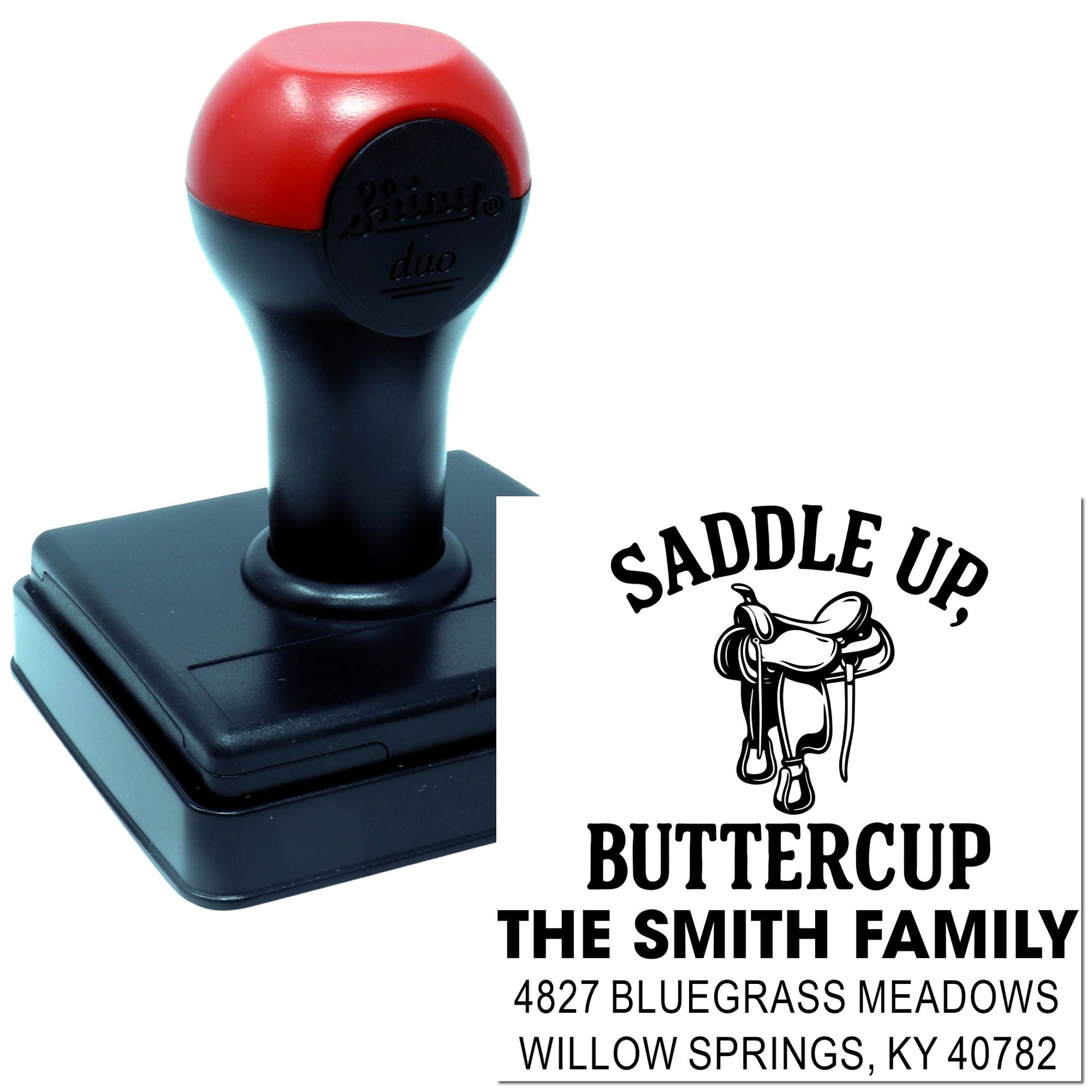 Custom self-inking rubber stamp with horse saddle logo and personalized family return address imprint.