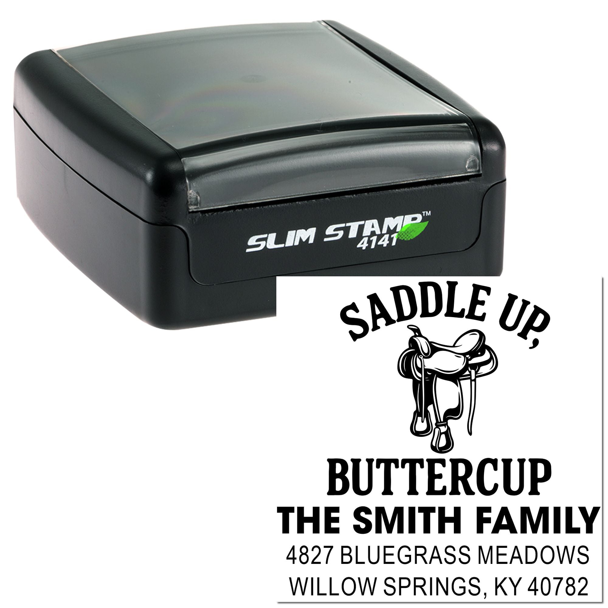 Self-inking rubber stamp with custom horse saddle address design and family name for personalized mailing.