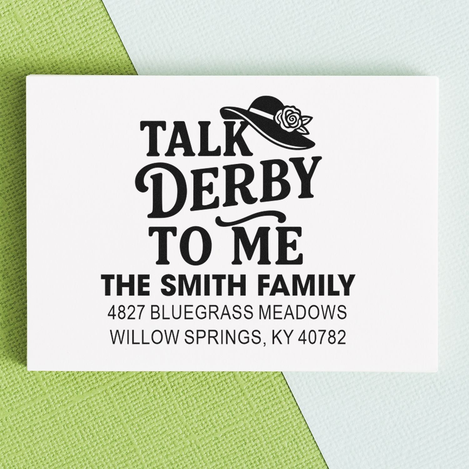 Personalized Kentucky Derby return address rubber stamp for The Smith Family with Talk Derby To Me design.