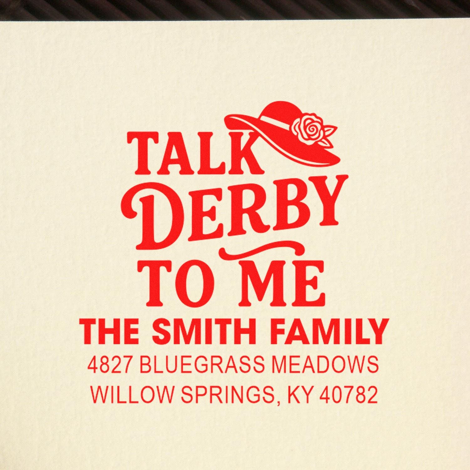 Personalized address rubber stamp with Talk Derby to Me design for the Smith family in Kentucky.