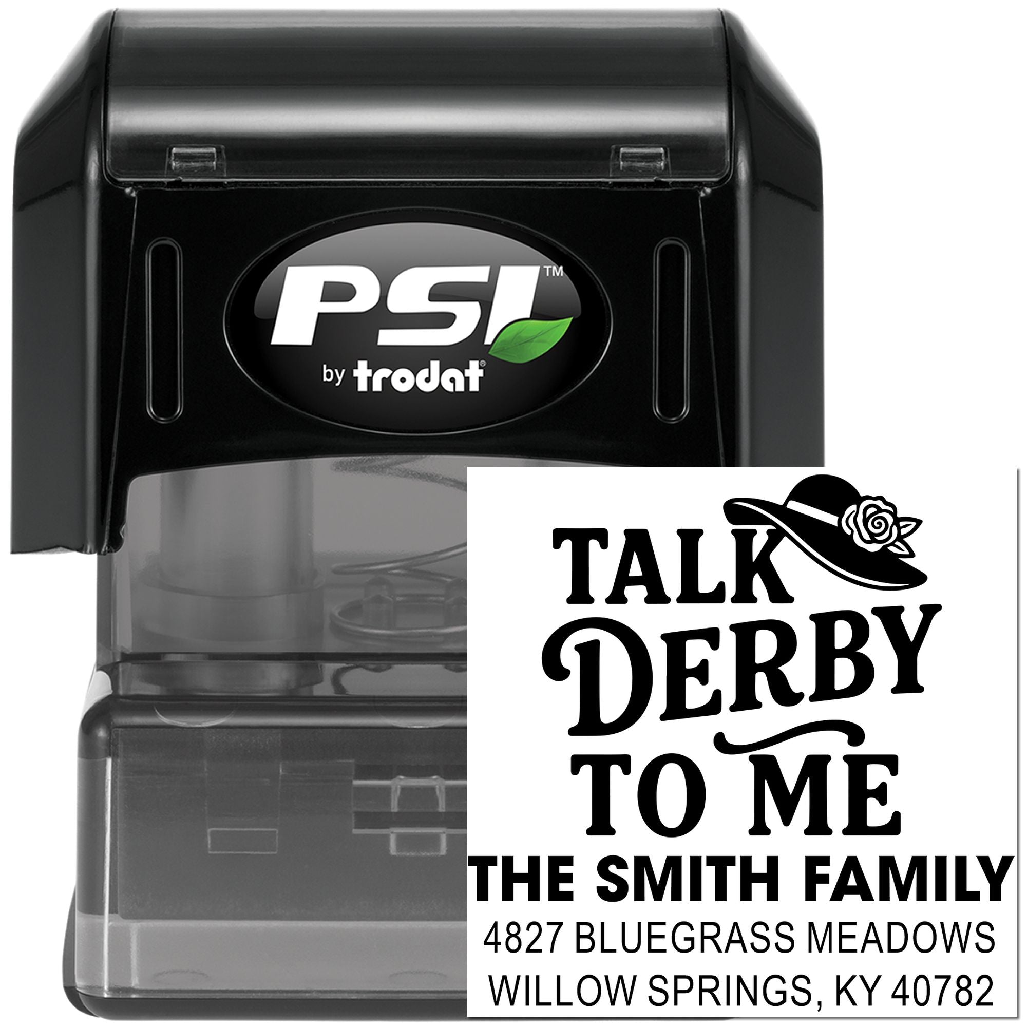 Custom self-inking address rubber stamp by PSI Trodat with Talk Derby to Me family return address design.