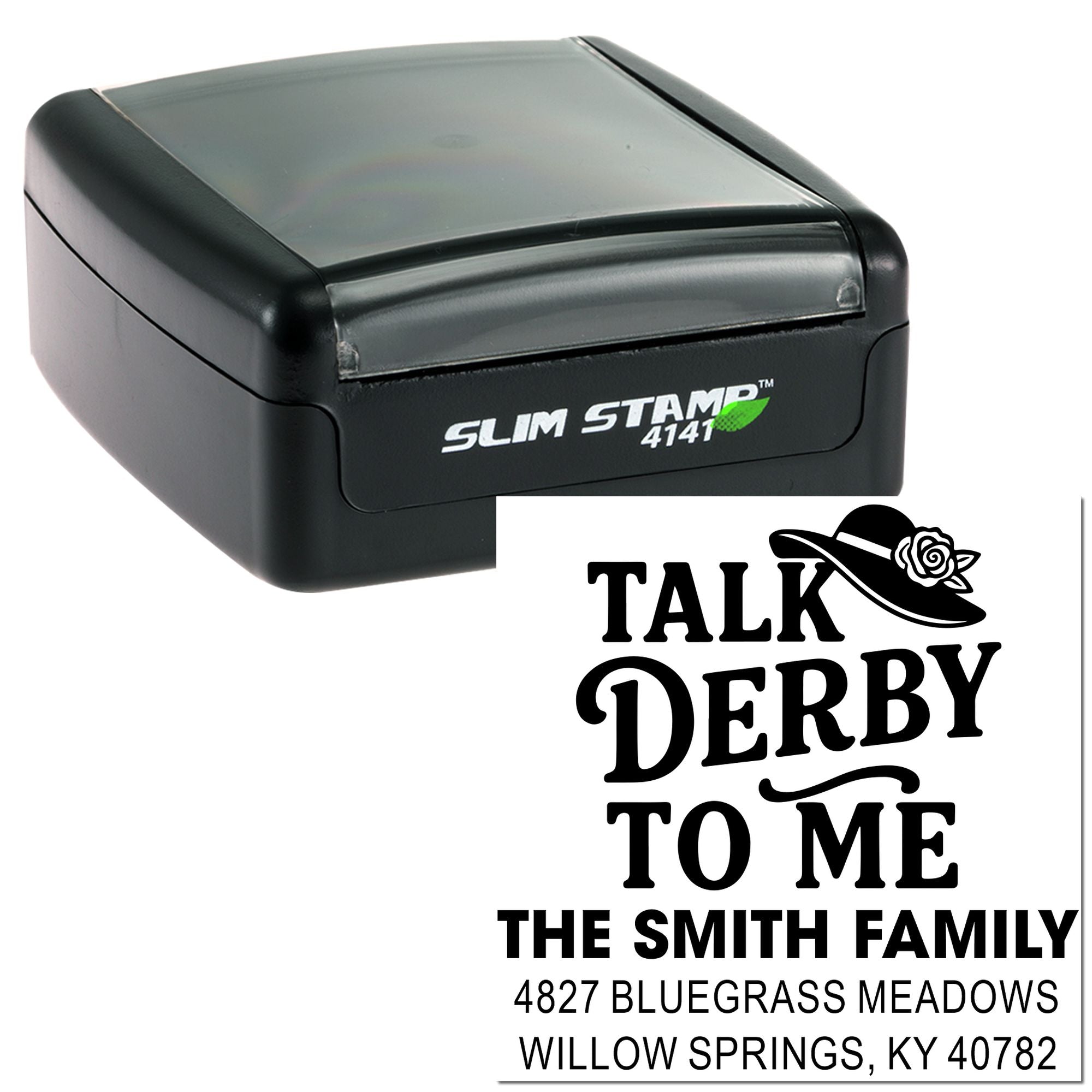 Slim Stamp 4141 self-inking custom address rubber stamp with sample return address imprint for personalized mailing.