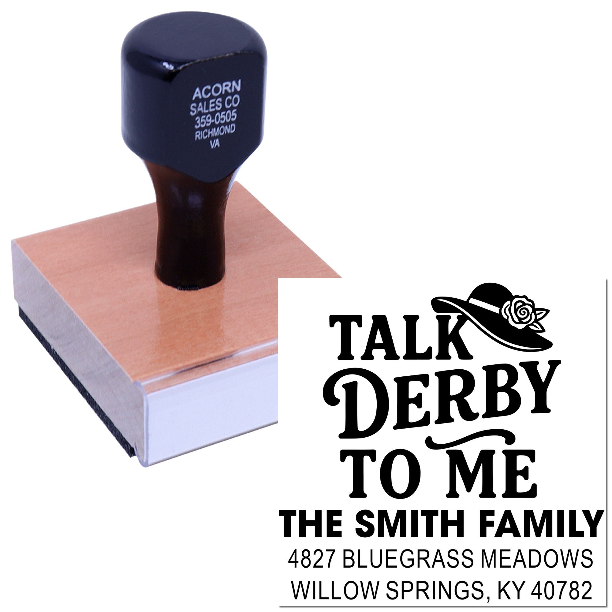 Personalized rubber stamp featuring Talk Derby to Me with family name and address for Kentucky Derby invitations.