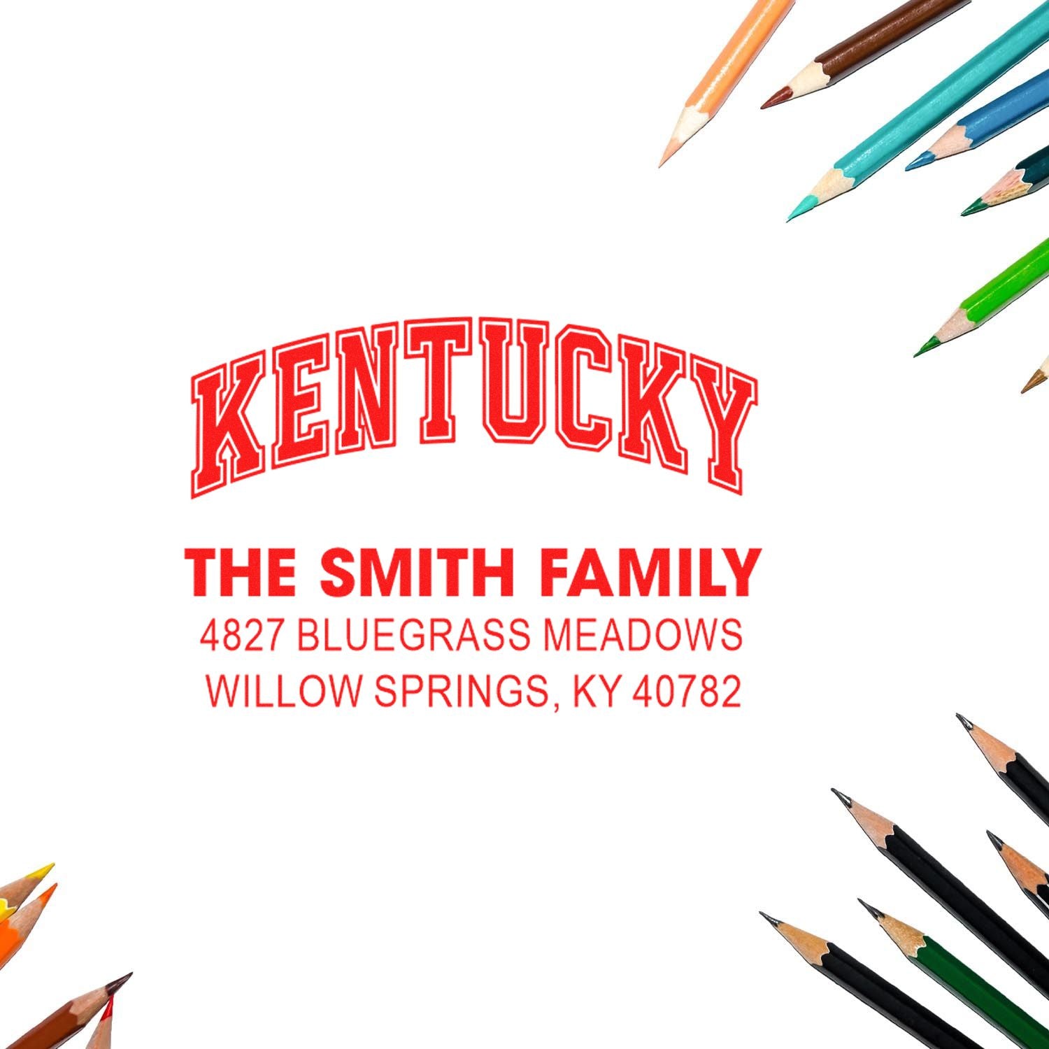 Personalized Kentucky return address rubber stamp for The Smith Family, Willow Springs, KY.