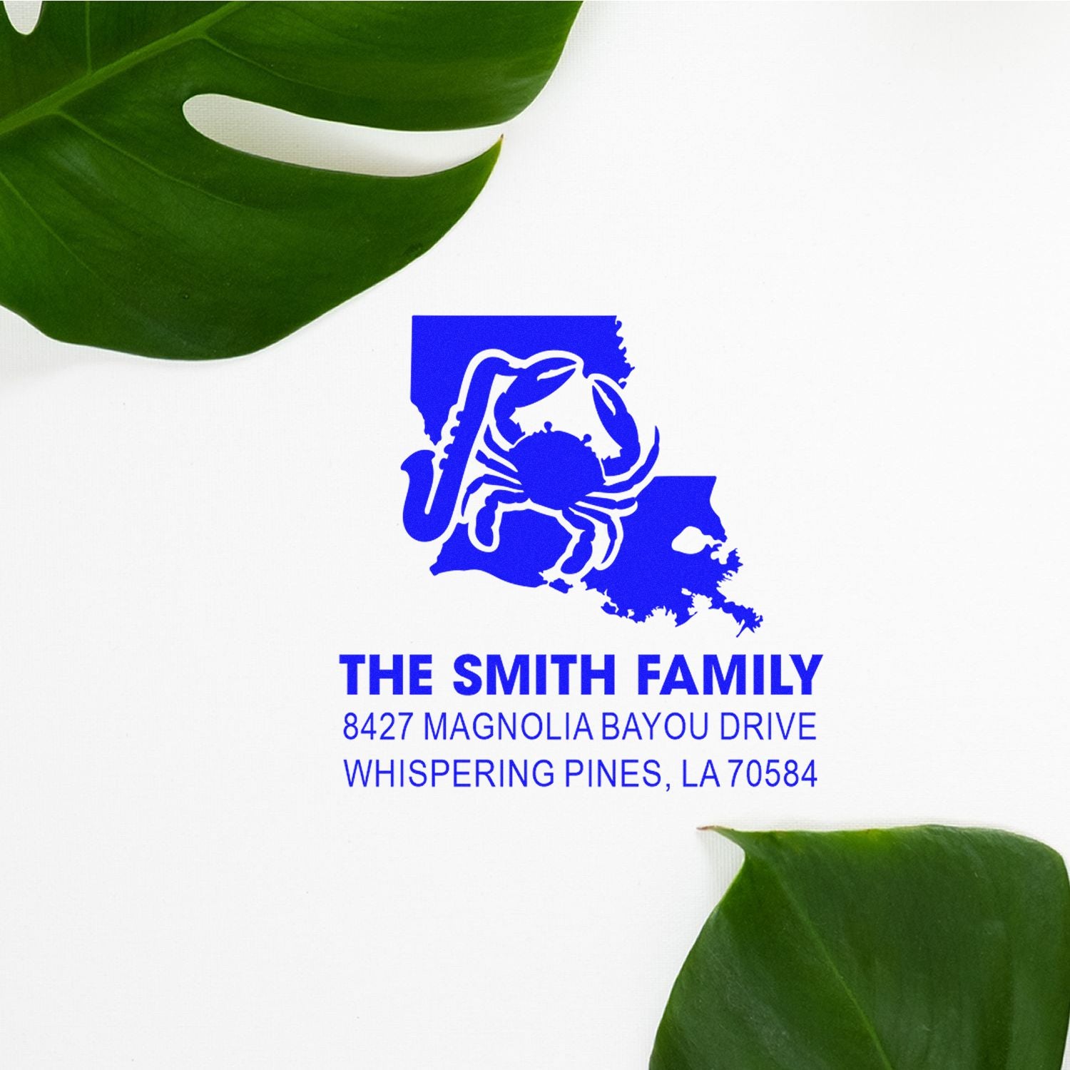 Custom family address rubber stamp with Louisiana crab design for The Smith Family, Whispering Pines, LA return mail.