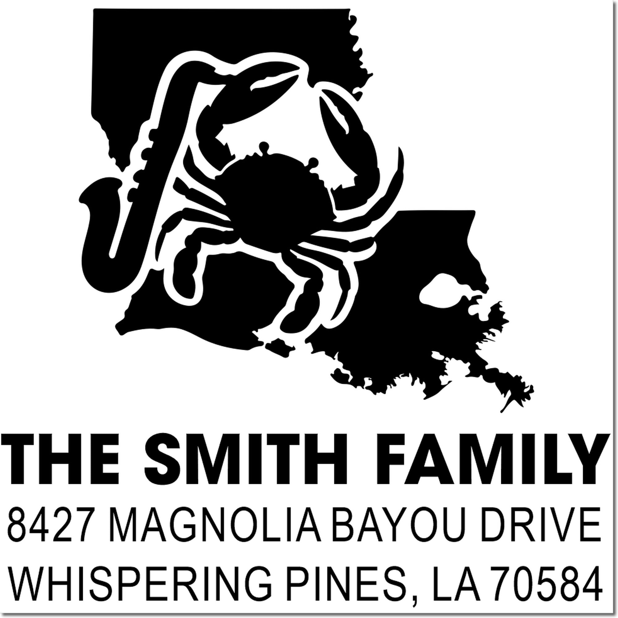 Custom return address rubber stamp with Louisiana crab design for The Smith Family, Whispering Pines, LA 70584.