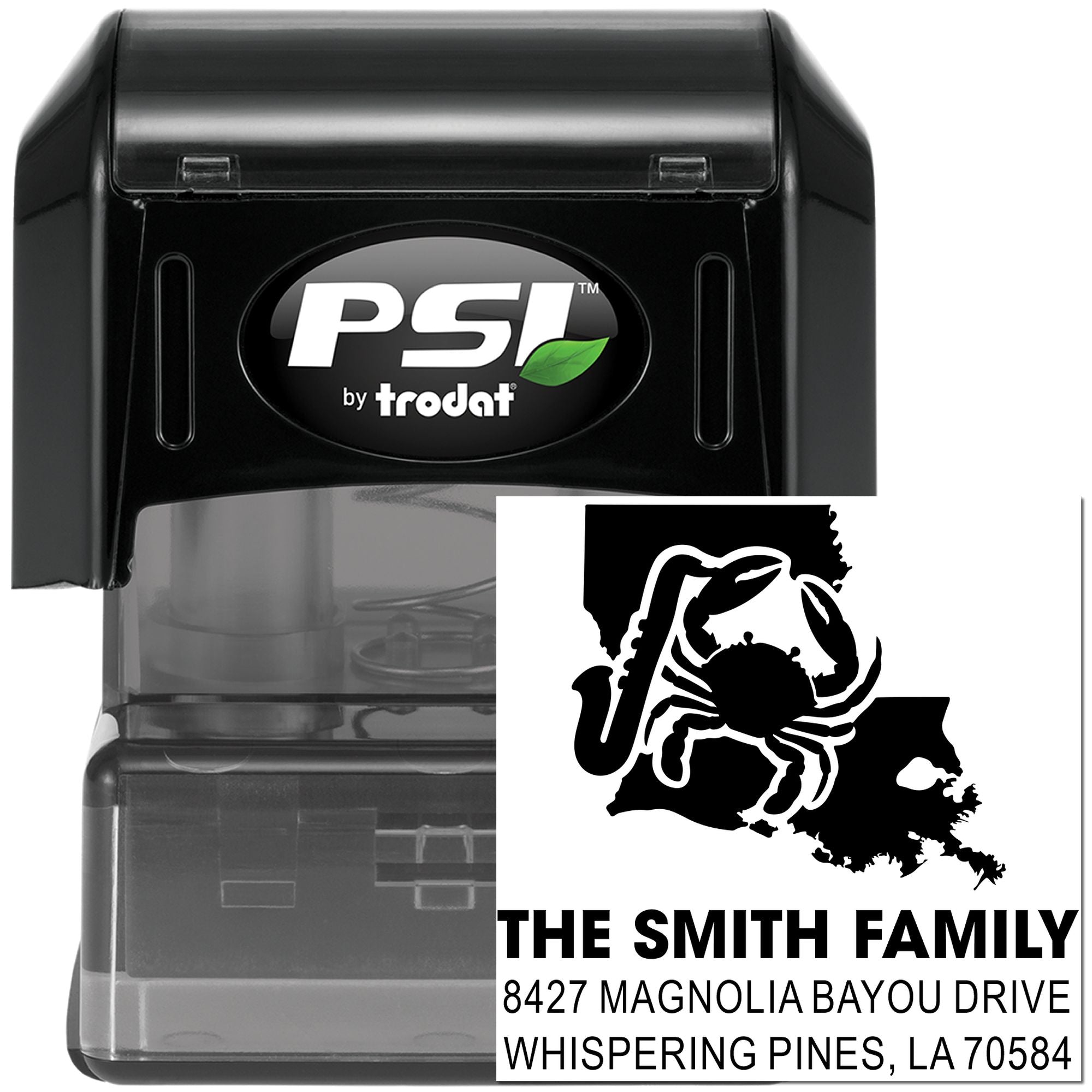 Custom self-inking rubber address stamp by PSI Trodat, featuring a crab design for The Smith Family in Whispering Pines, LA