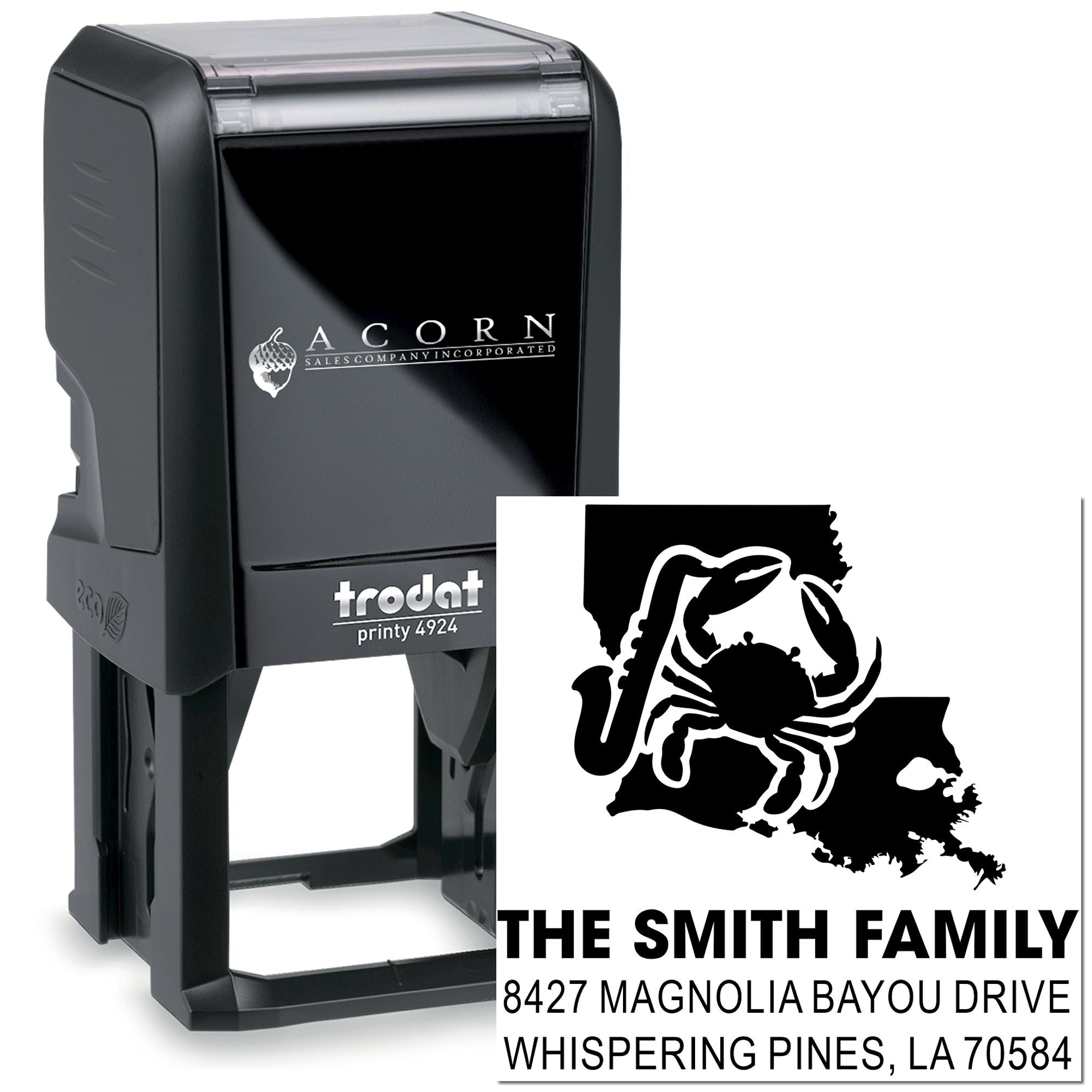 Custom self-inking rubber address stamp with family name, crab design, and Louisiana return address for mail, cards, and packaging.
