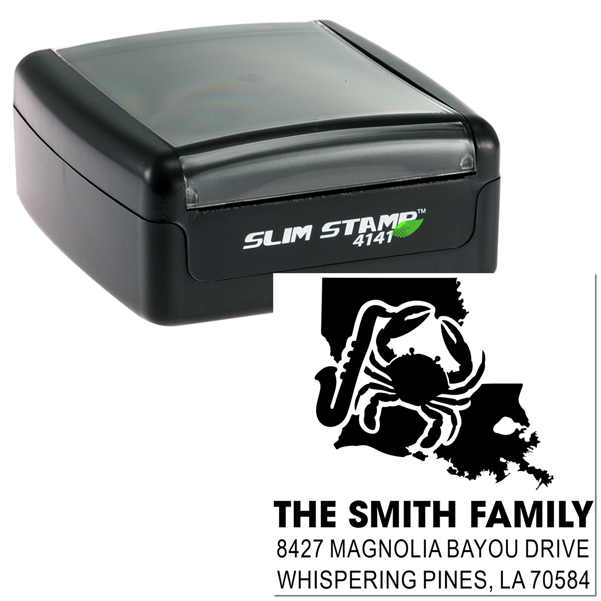Custom self-inking Slim Stamp 4141 address rubber stamp with Louisiana crab logo and family name for return mail.