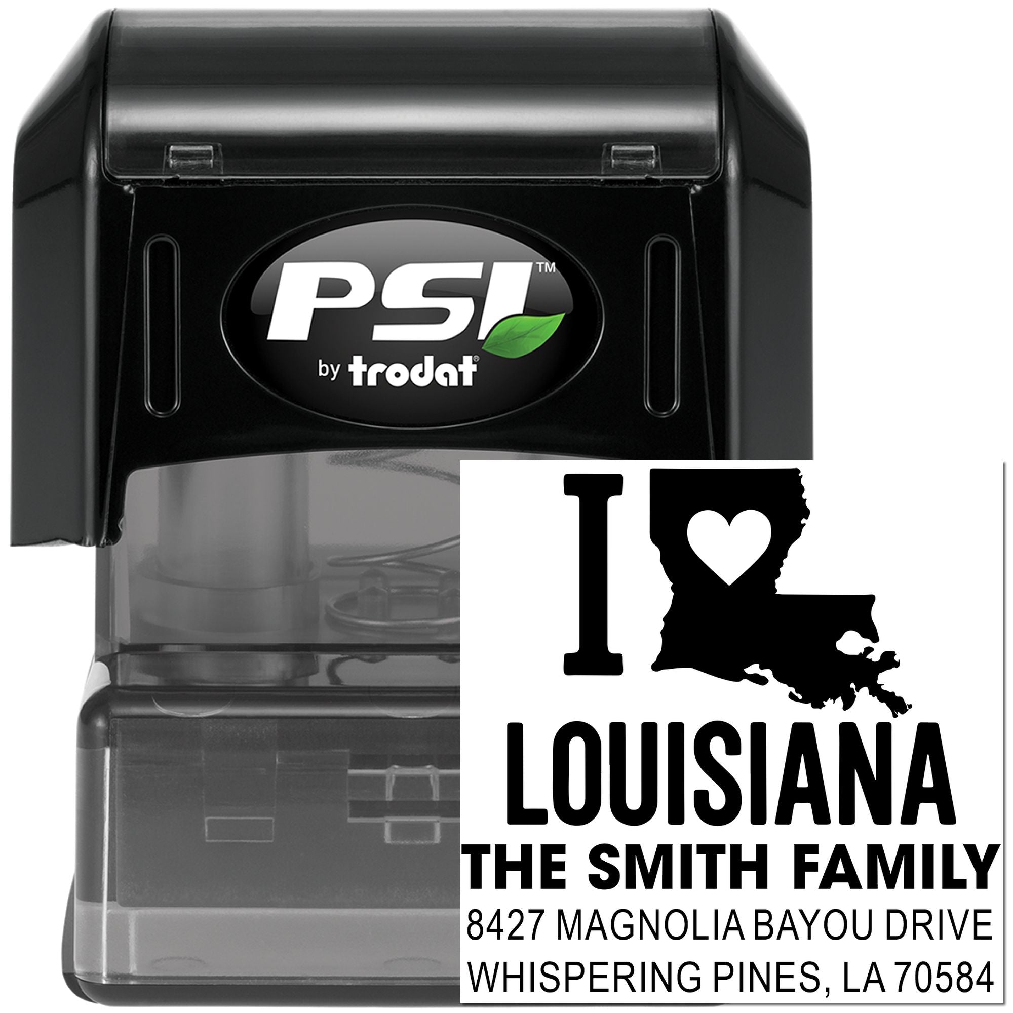 PSI by Trodat custom self-inking rubber address stamp with I Love Louisiana design for The Smith Family in Whispering Pines, LA.