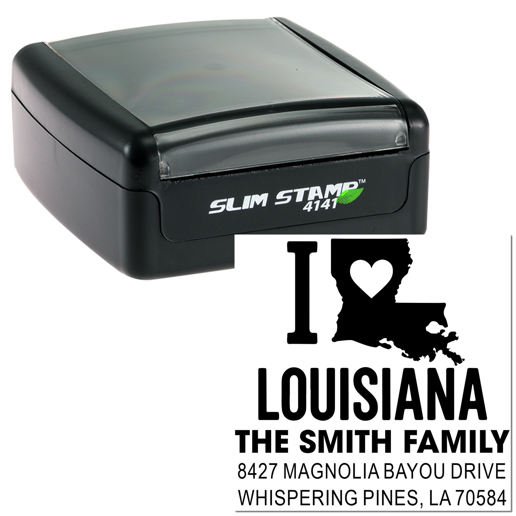 Slim Stamp 4141 self-inking custom Louisiana return address rubber stamp with family name and address.