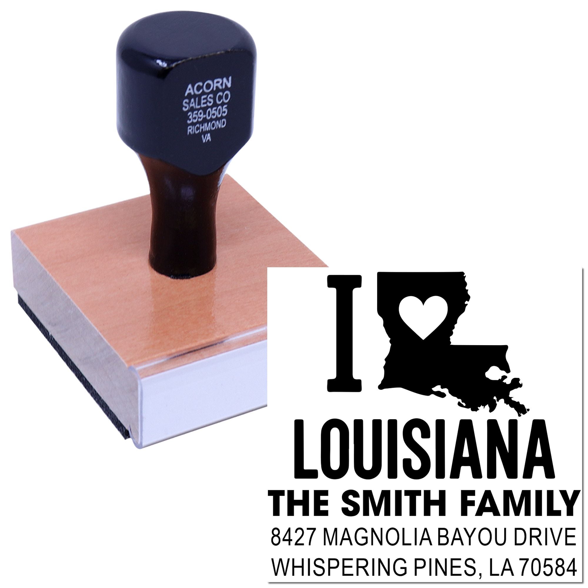 Custom rubber stamp featuring an I Heart Louisiana return address design for personalized family mailing and stationery.