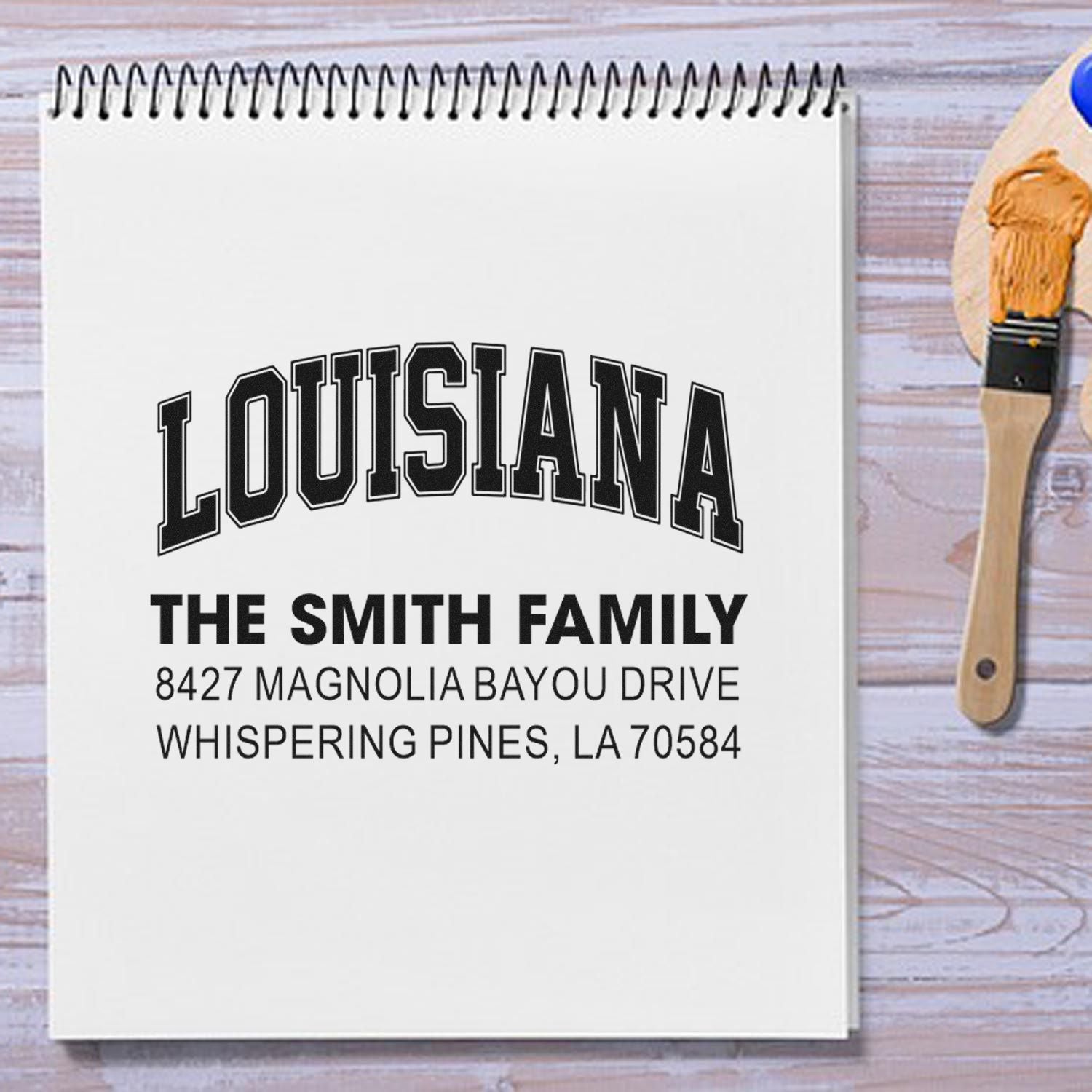 Custom Louisiana return address rubber stamp for The Smith Family, with name and mailing address.