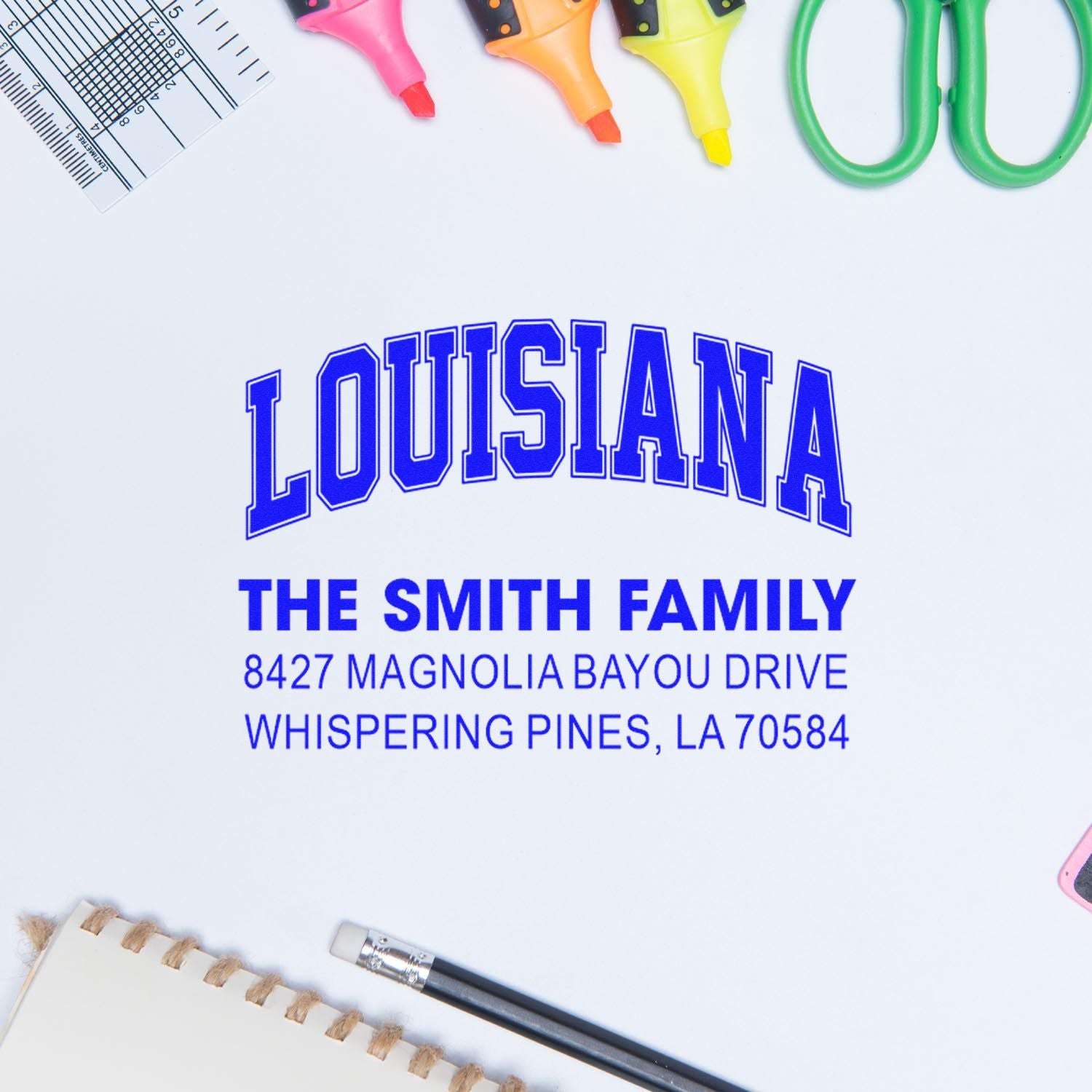 Custom Louisiana return address rubber stamp for The Smith Family with street address, Whispering Pines, LA 70584.