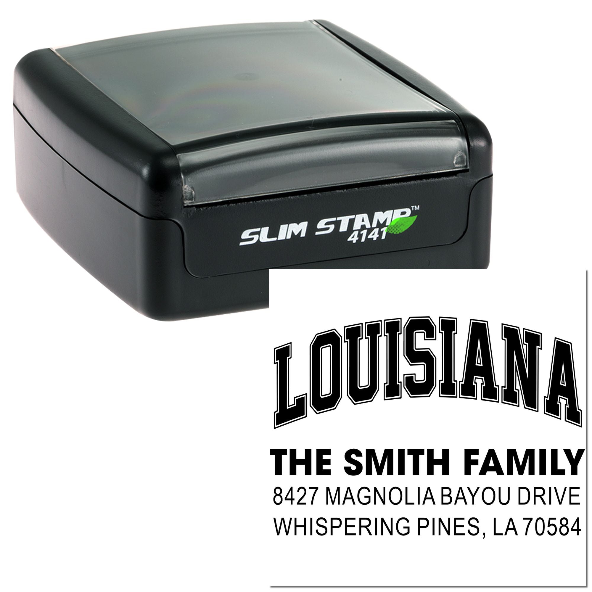 Custom self-inking rubber stamp for Louisiana return address labels with Slim Stamp 4141 for The Smith Family.