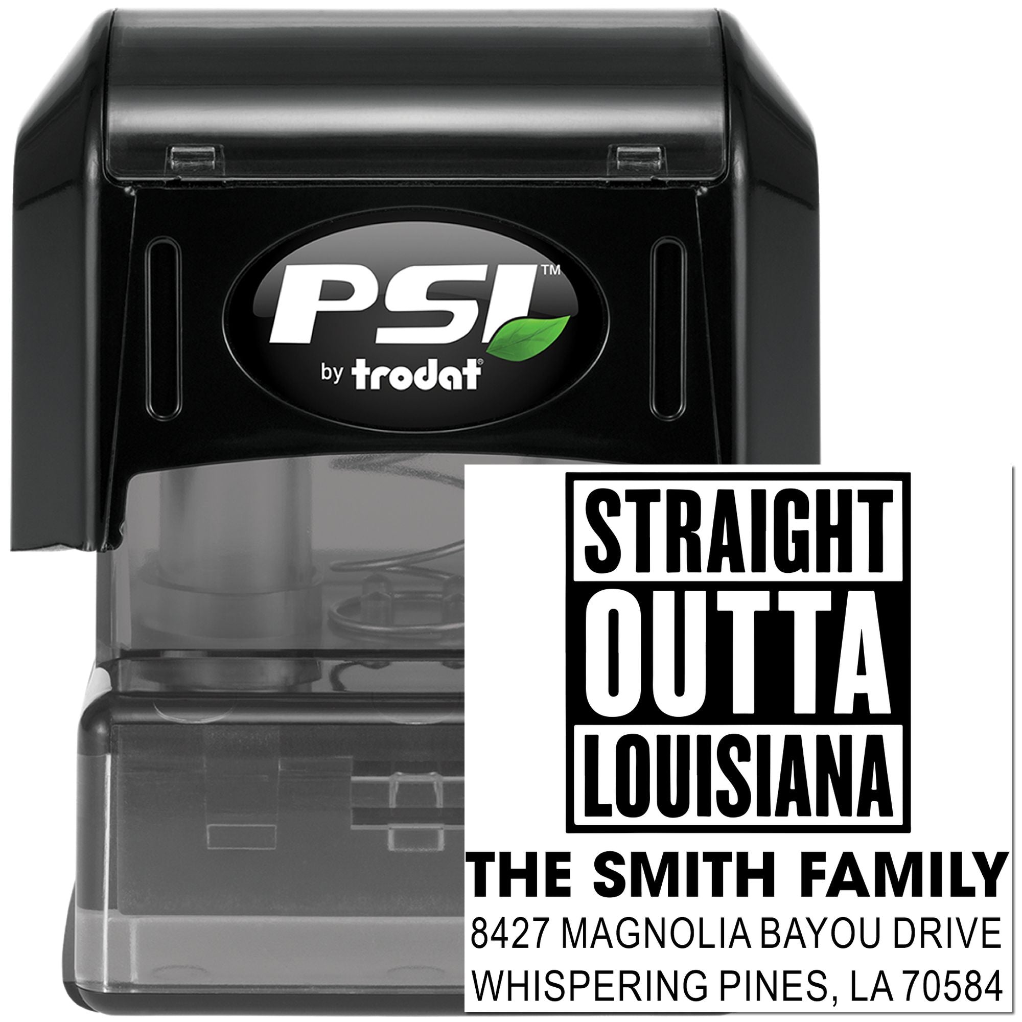Custom self-inking address rubber stamp with Straight Outta Louisiana family return address design for mail and envelopes.