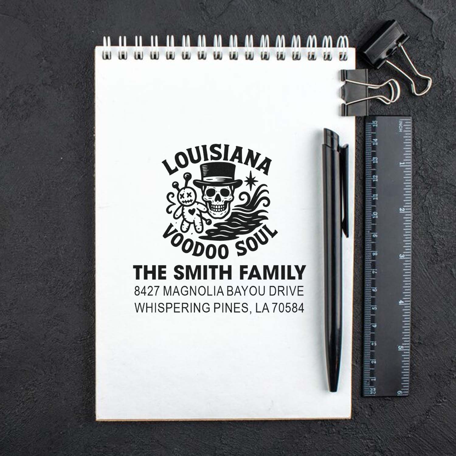 Custom Louisiana Voodoo Soul return address rubber stamp for The Smith Family, with personalized Magnolia Bayou Drive address.
