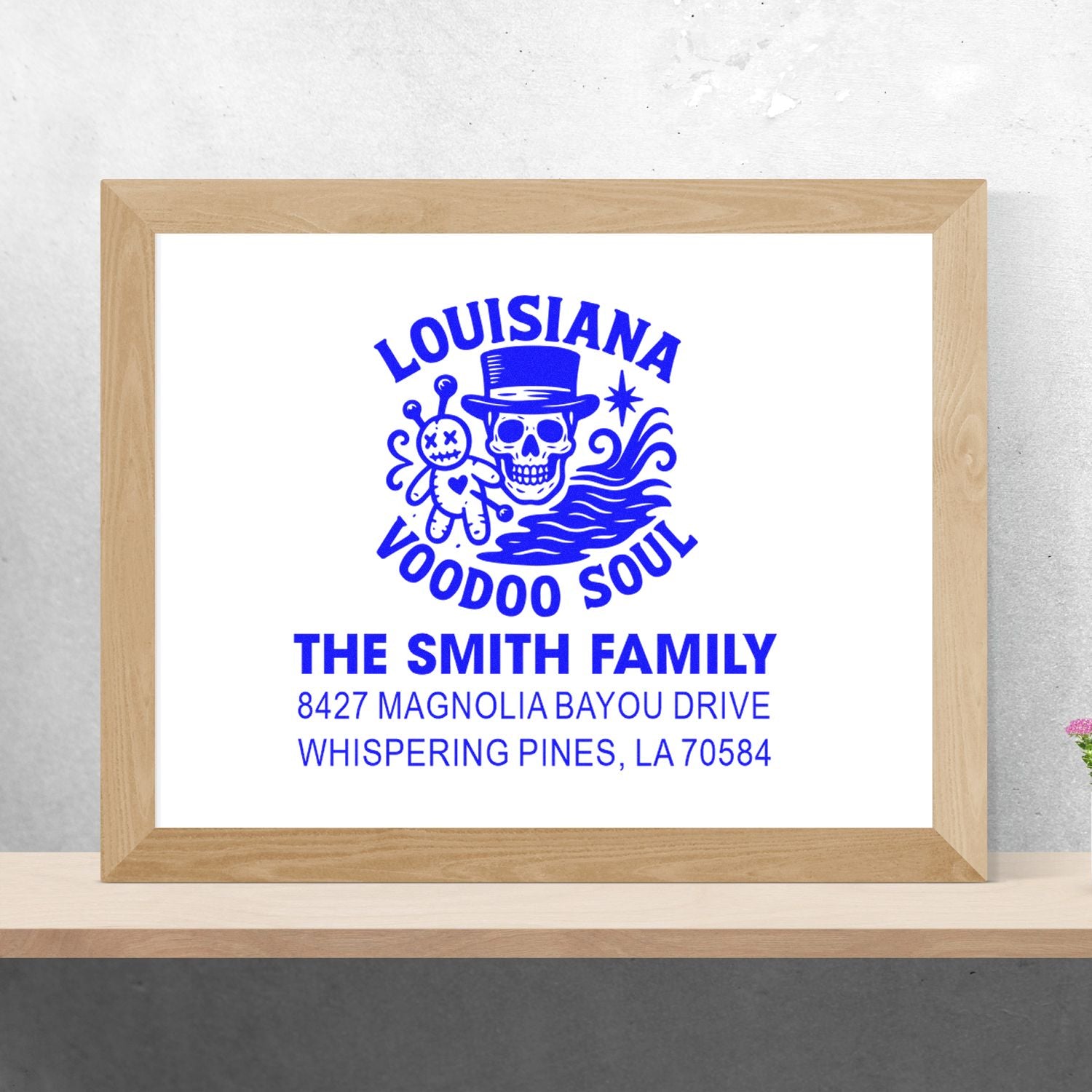 Custom family address rubber stamp with Louisiana Voodoo Soul skull design for The Smith Family, Whispering Pines, LA 70584.