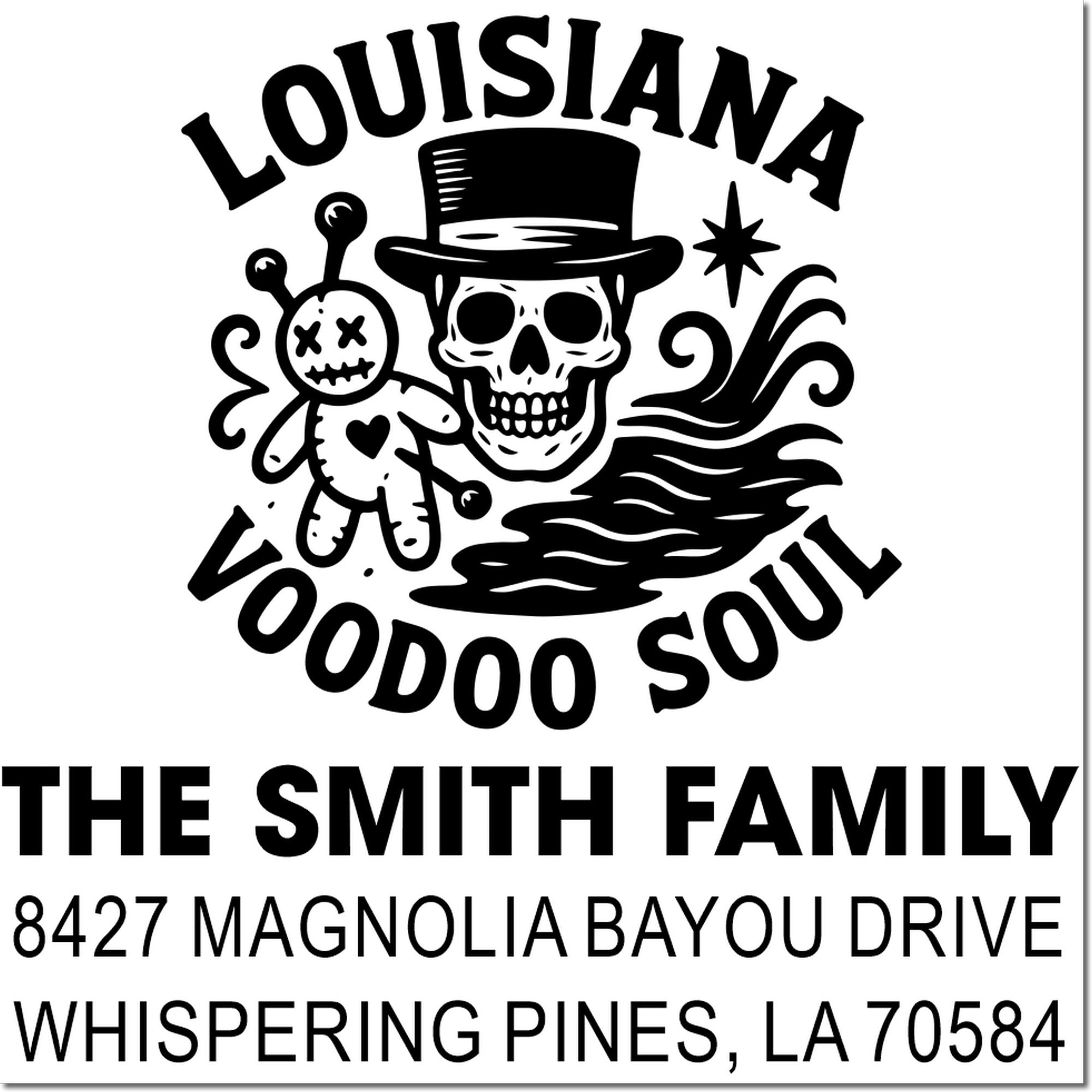 Personalized Louisiana voodoo return address rubber stamp for The Smith Family, with skull motif and Magnolia Bayou Drive.