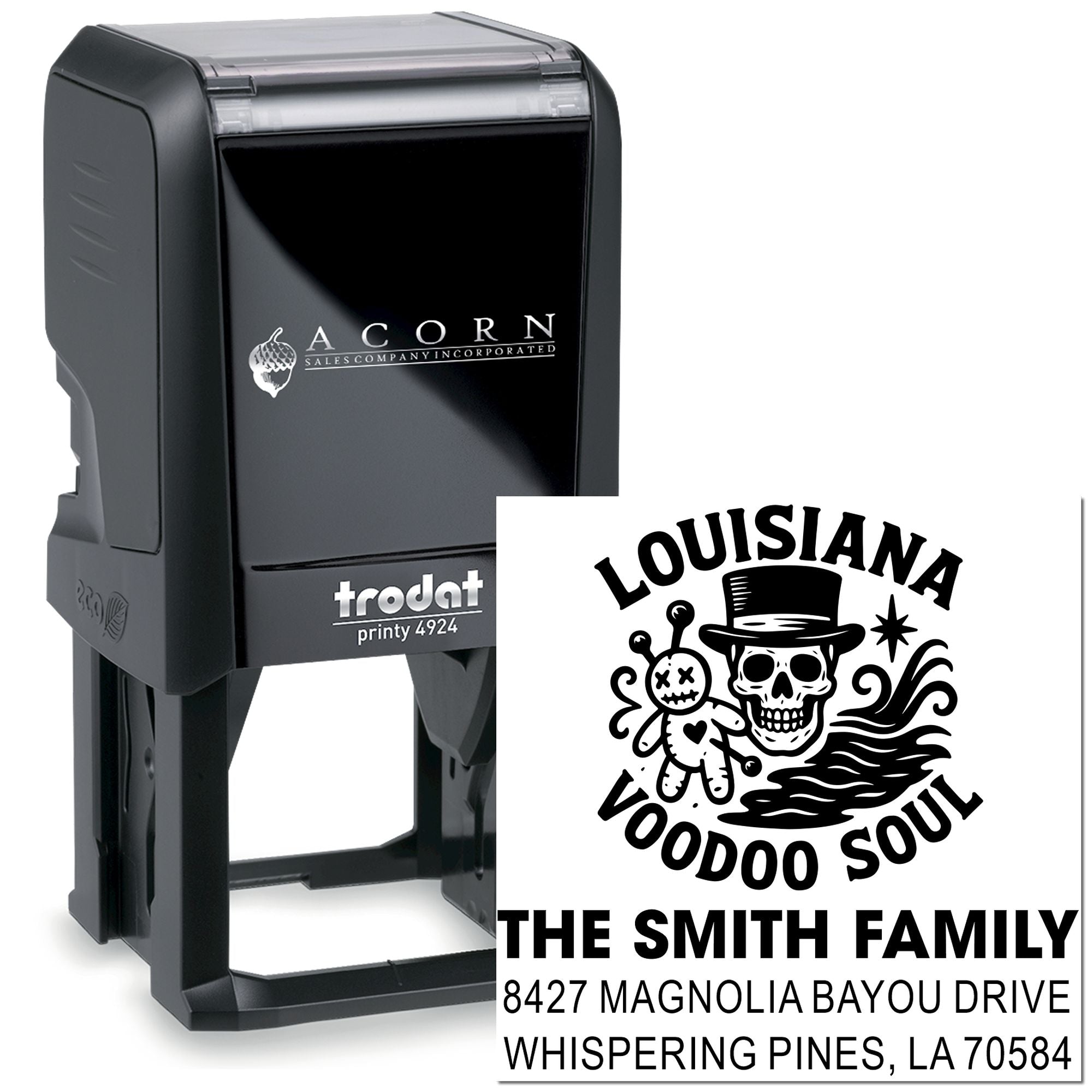Custom self-inking rubber stamp with Louisiana voodoo-themed return address design for The Smith Family.